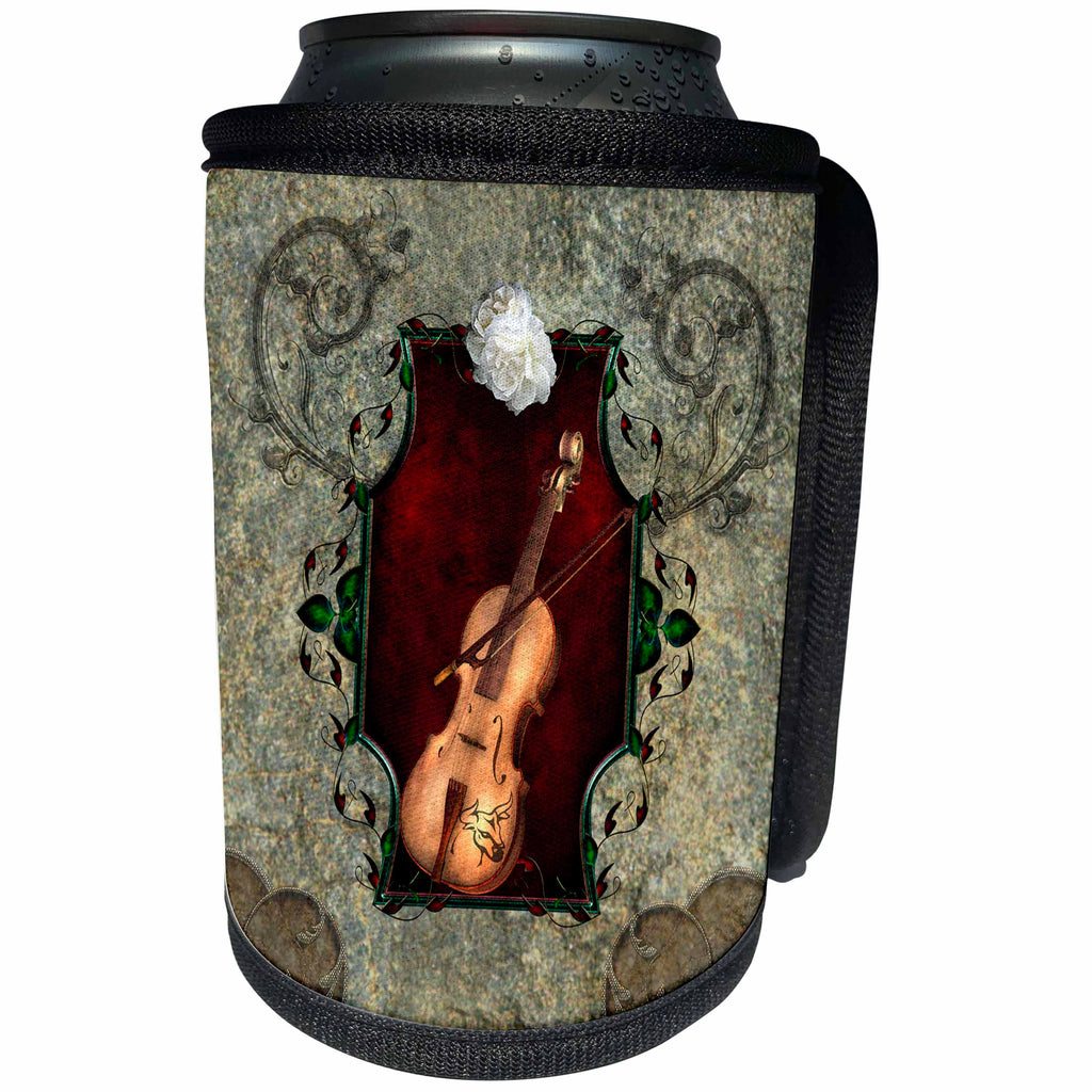 3dRose Heike Köhnen Design Music - Violin with violin bow on a frame - Can Cooler Bottle Wrap (cc_256399)