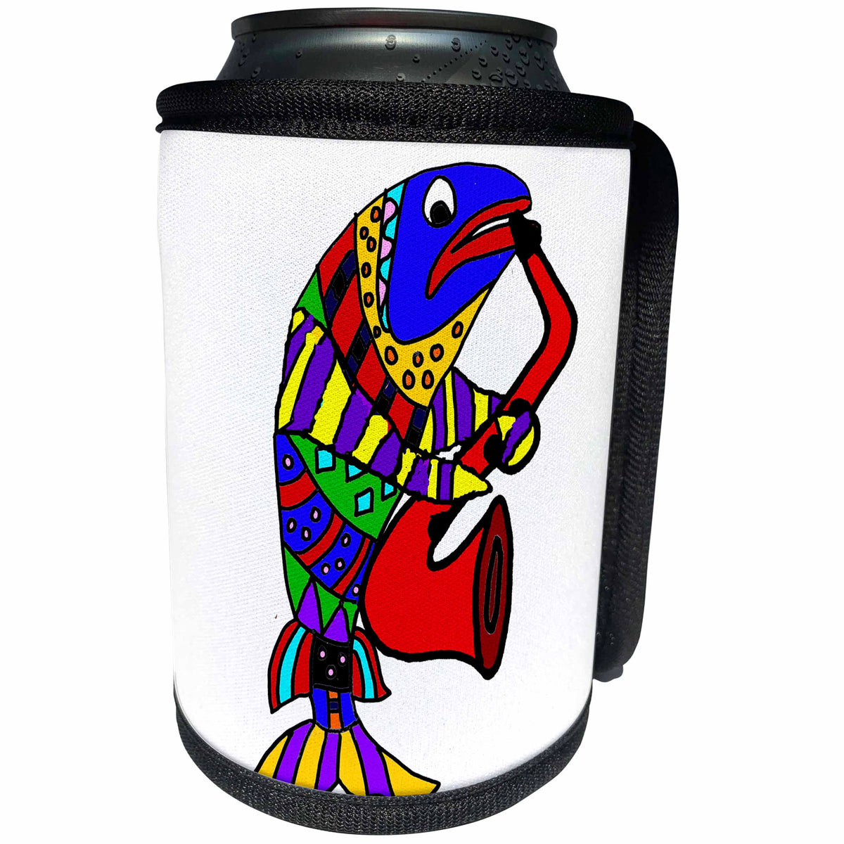 3dRose All Smiles Art Music - Funny Cute Colorful Fish Playing Saxophone Beach Art - Can Cooler Bottle Wrap (cc_256402)
