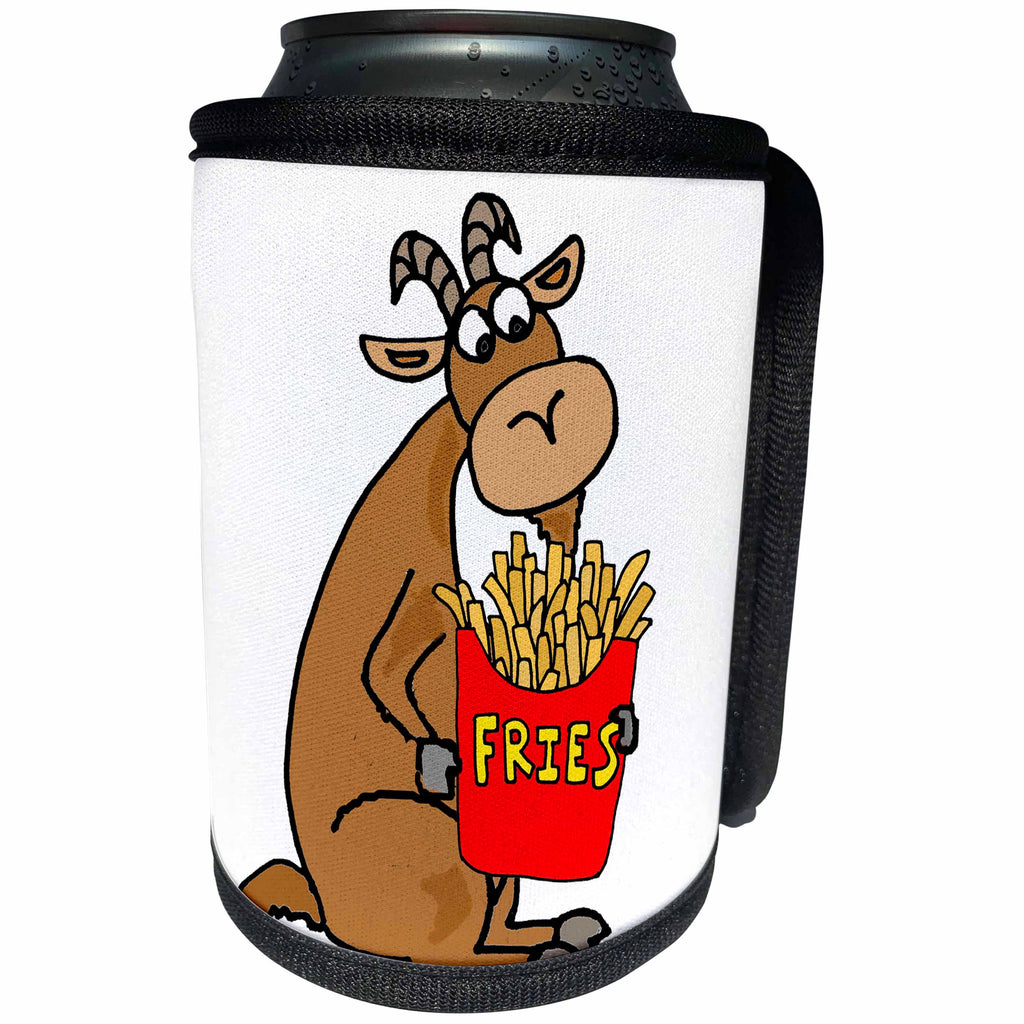3dRose All Smiles Art Funny - Funny Cute Goat Eating French Fries Cartoon - Can Cooler Bottle Wrap (cc_256410)
