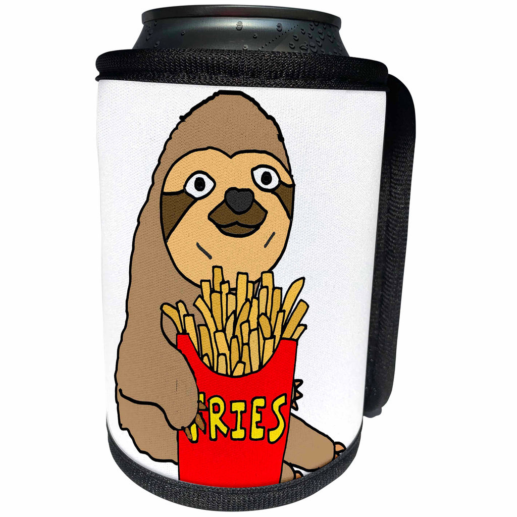 3dRose All Smiles Art Funny - Funny Cute Sloth Eating French Fries Cartoon - Can Cooler Bottle Wrap (cc_256412)