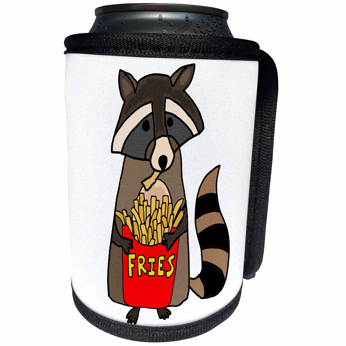 3dRose All Smiles Art Animals - Funny Cute Raccoon Eating French Fries Cartoon - Can Cooler Bottle Wrap (cc_256414)