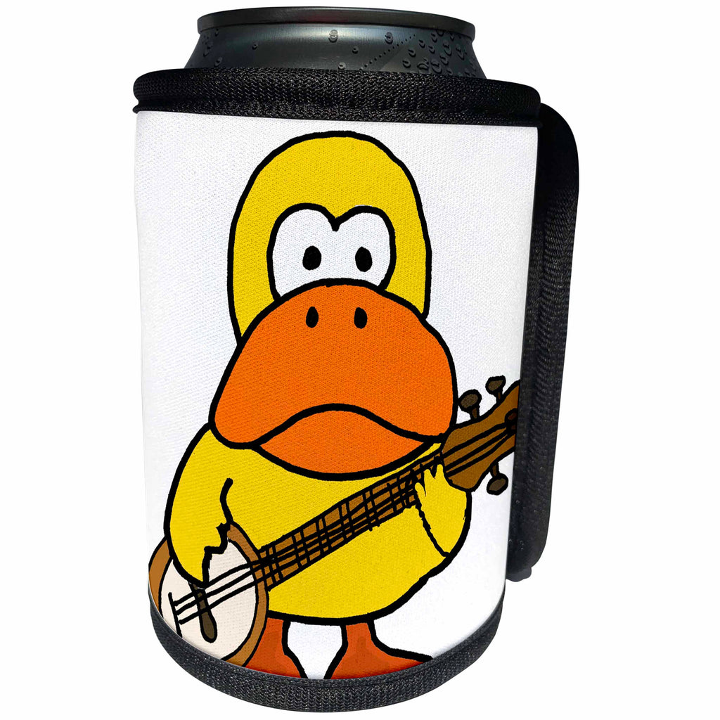 3dRose All Smiles Art Music - Funny Cute Yellow Duck Playing the Banjo - Can Cooler Bottle Wrap (cc_256417)