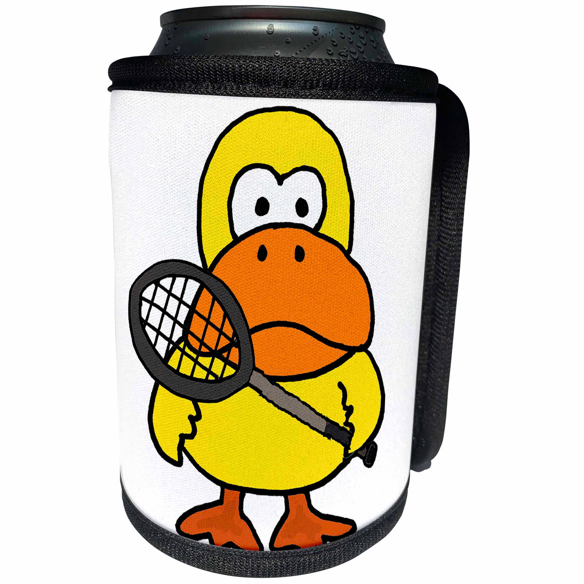 3dRose All Smiles Art Sports and Hobbies - Funny Cute Yellow Duck Playing Tennis Cartoon - Can Cooler Bottle Wrap (cc_256418)