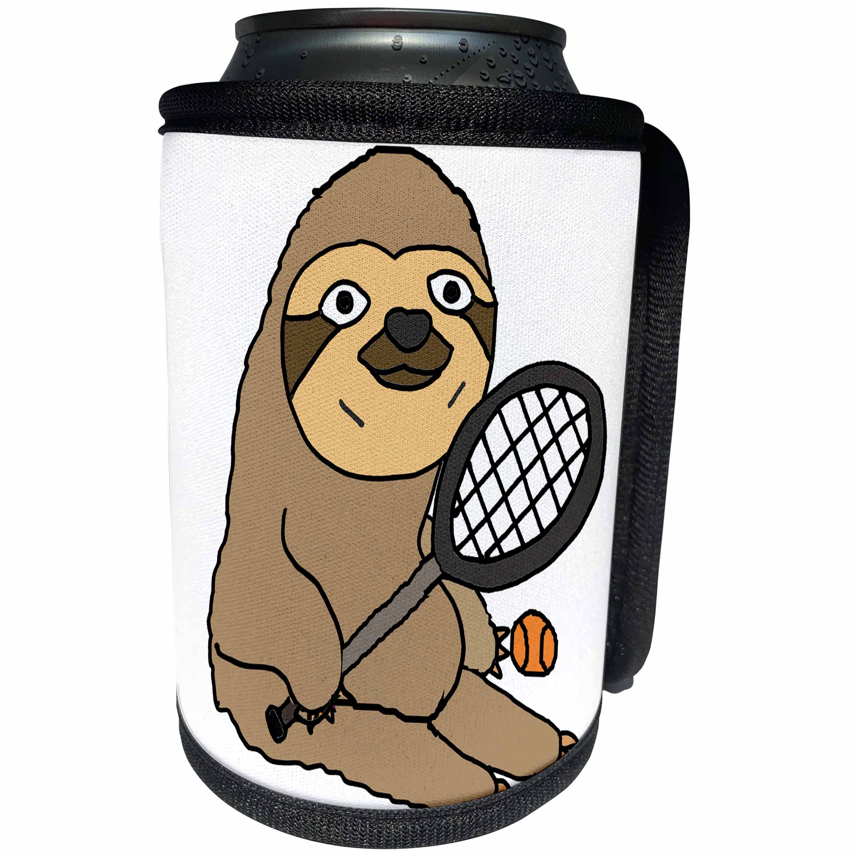 3dRose All Smiles Art Sports and Hobbies - Funny Cute Sloth Playing Tennis Cartoon - Can Cooler Bottle Wrap (cc_256421)