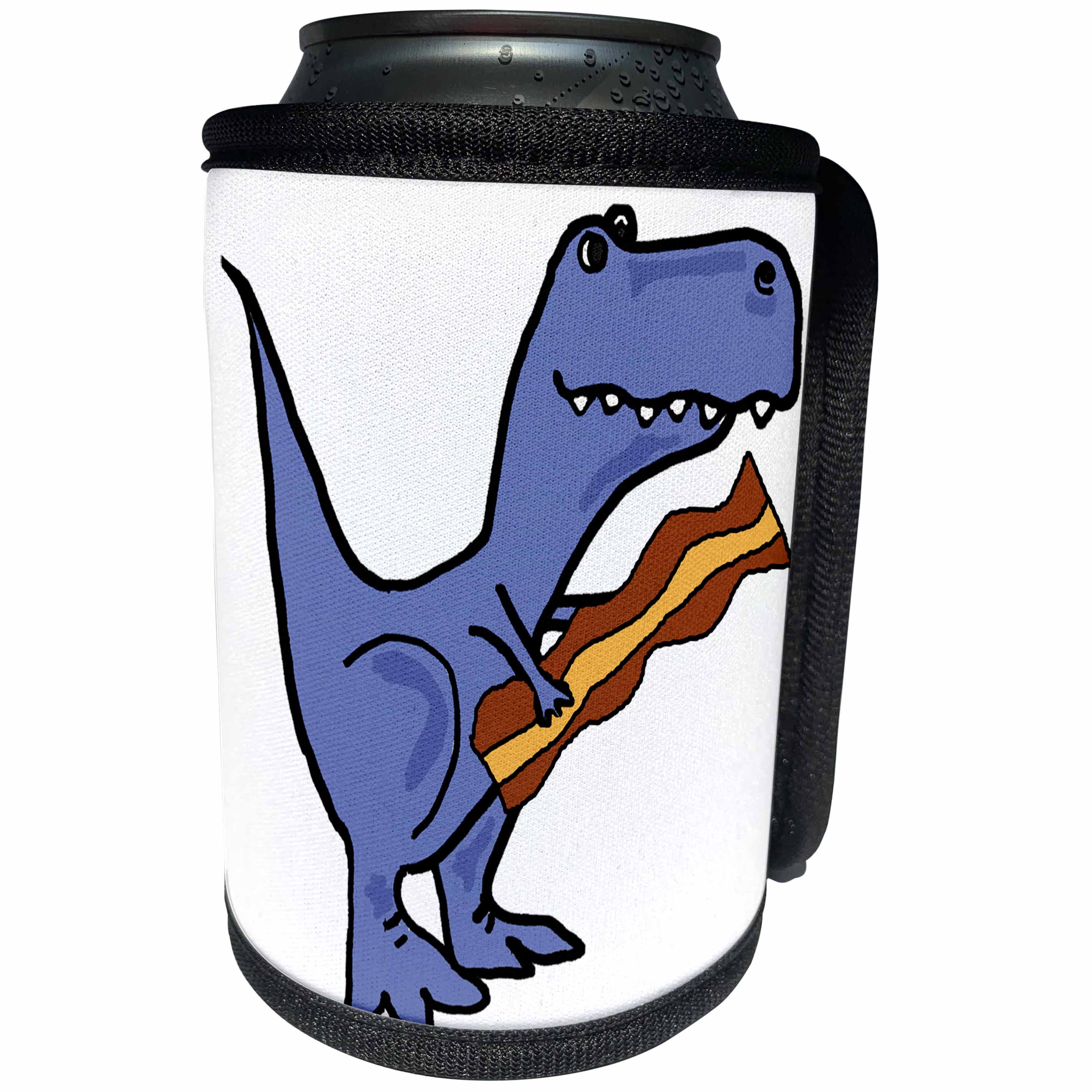 3dRose All Smiles Art Dinosaurs - Funny Cute Blue Trex Dinosaur Eating Bacon - Can Cooler Bottle Wrap (cc_256431)