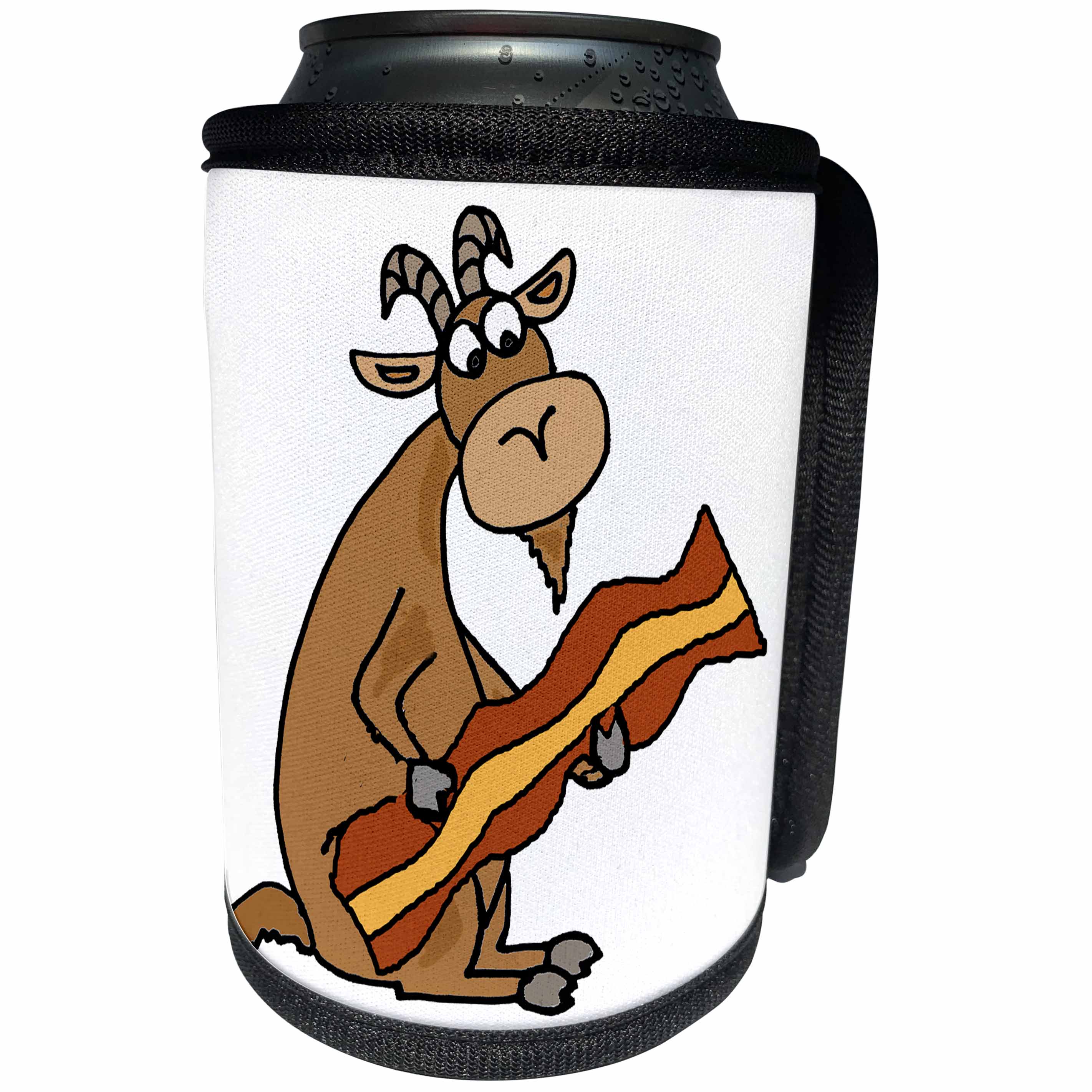 3dRose All Smiles Art Funny - Funny Cute Goat Eating Bacon Cartoon - Can Cooler Bottle Wrap (cc_256432)