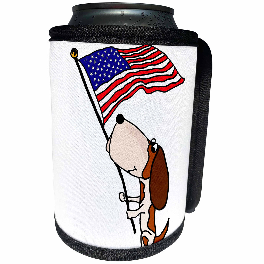 3dRose All Smiles Art Pets - Funny Cute Basset Hound Dog waving American Flag - Can Cooler Bottle Wrap (cc_256435)