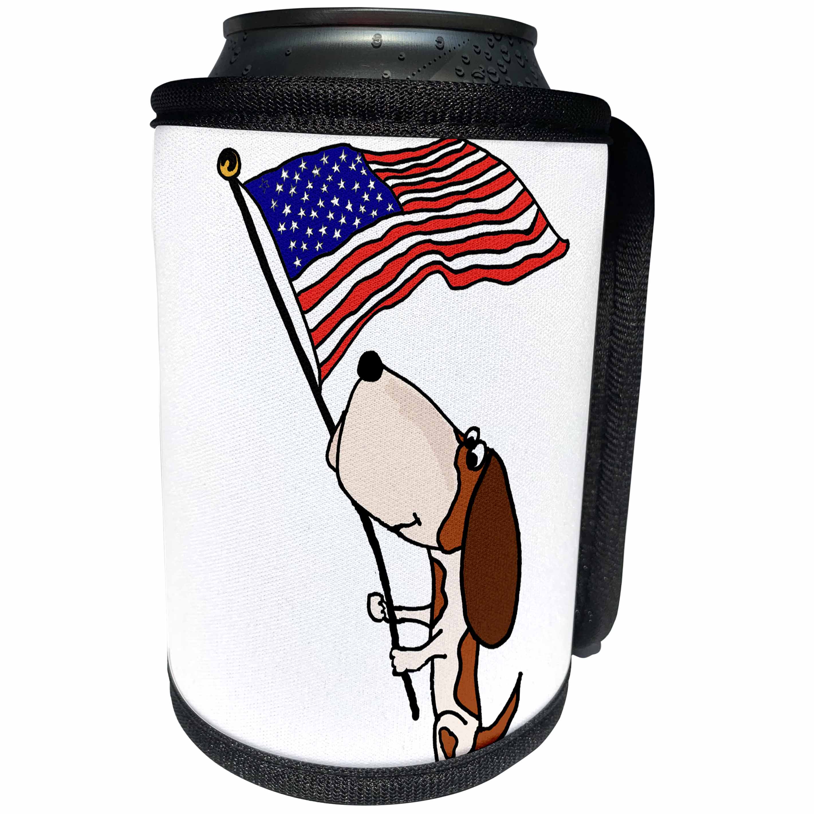 3dRose All Smiles Art Pets - Funny Cute Basset Hound Dog waving American Flag - Can Cooler Bottle Wrap (cc_256435)
