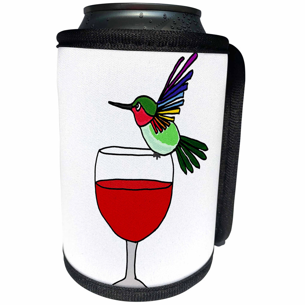 3dRose All Smiles Art Birds - Funny Cute Artsy Hummingbird Drinking Red Wine - Can Cooler Bottle Wrap (cc_256437)
