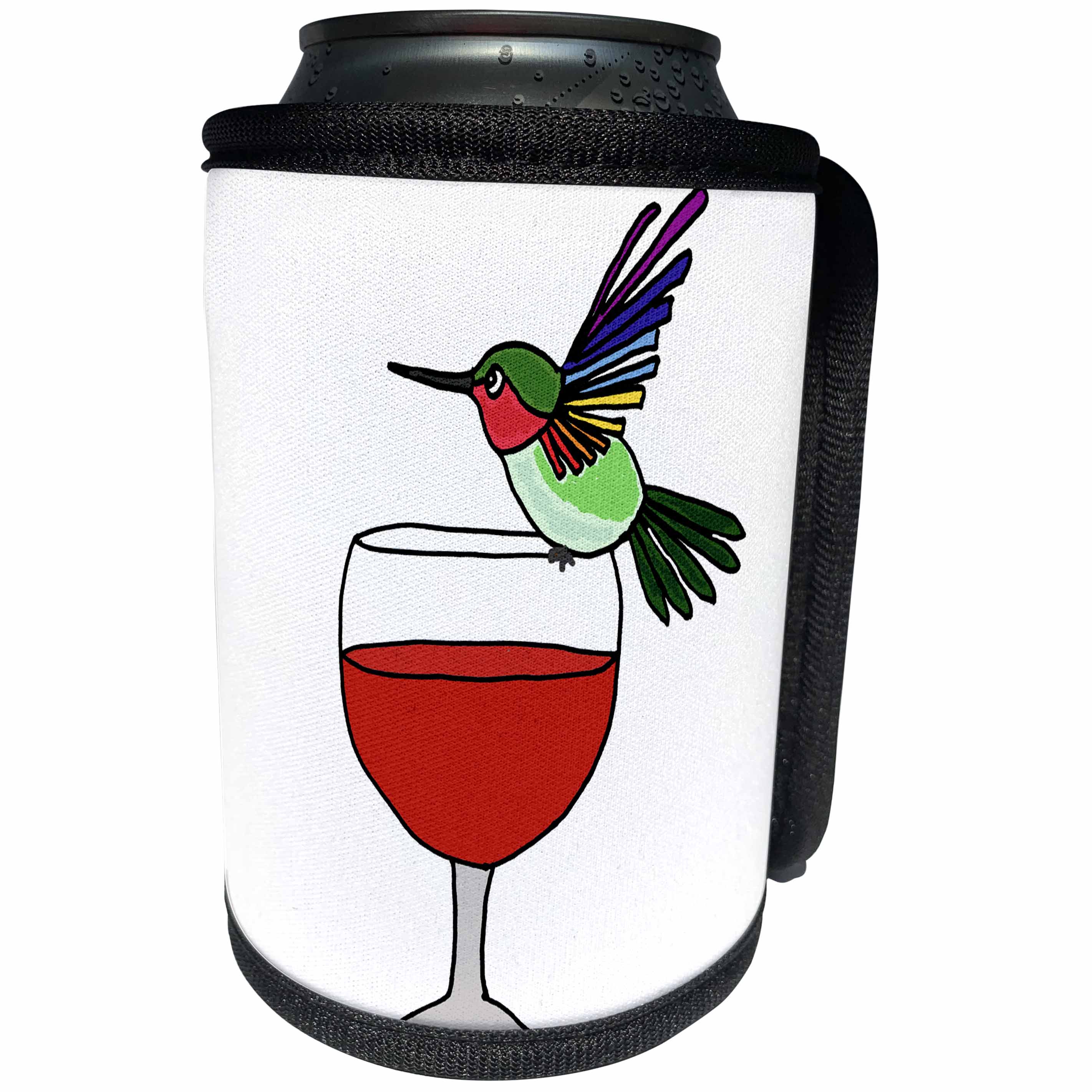 3dRose All Smiles Art Birds - Funny Cute Artsy Hummingbird Drinking Red Wine - Can Cooler Bottle Wrap (cc_256437)