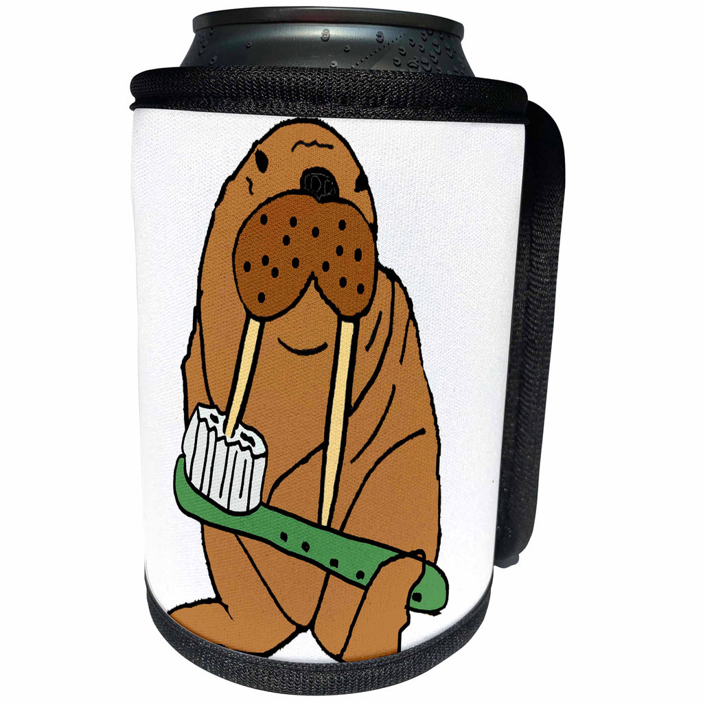 3dRose All Smiles Art Funny - Funny Cute Walrus with Toothbrush Brushing Tusks - Can Cooler Bottle Wrap (cc_256442)