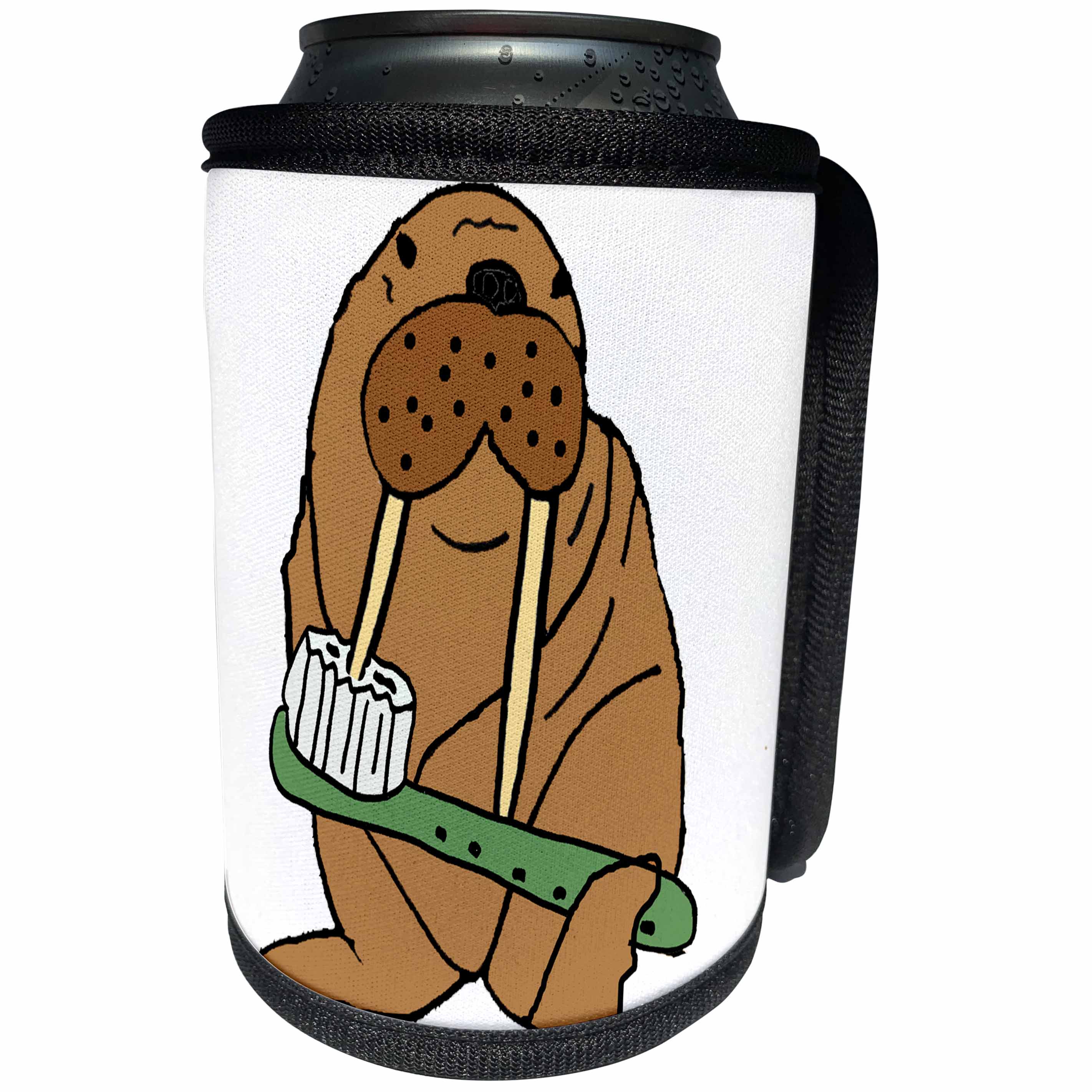 3dRose All Smiles Art Funny - Funny Cute Walrus with Toothbrush Brushing Tusks - Can Cooler Bottle Wrap (cc_256442)