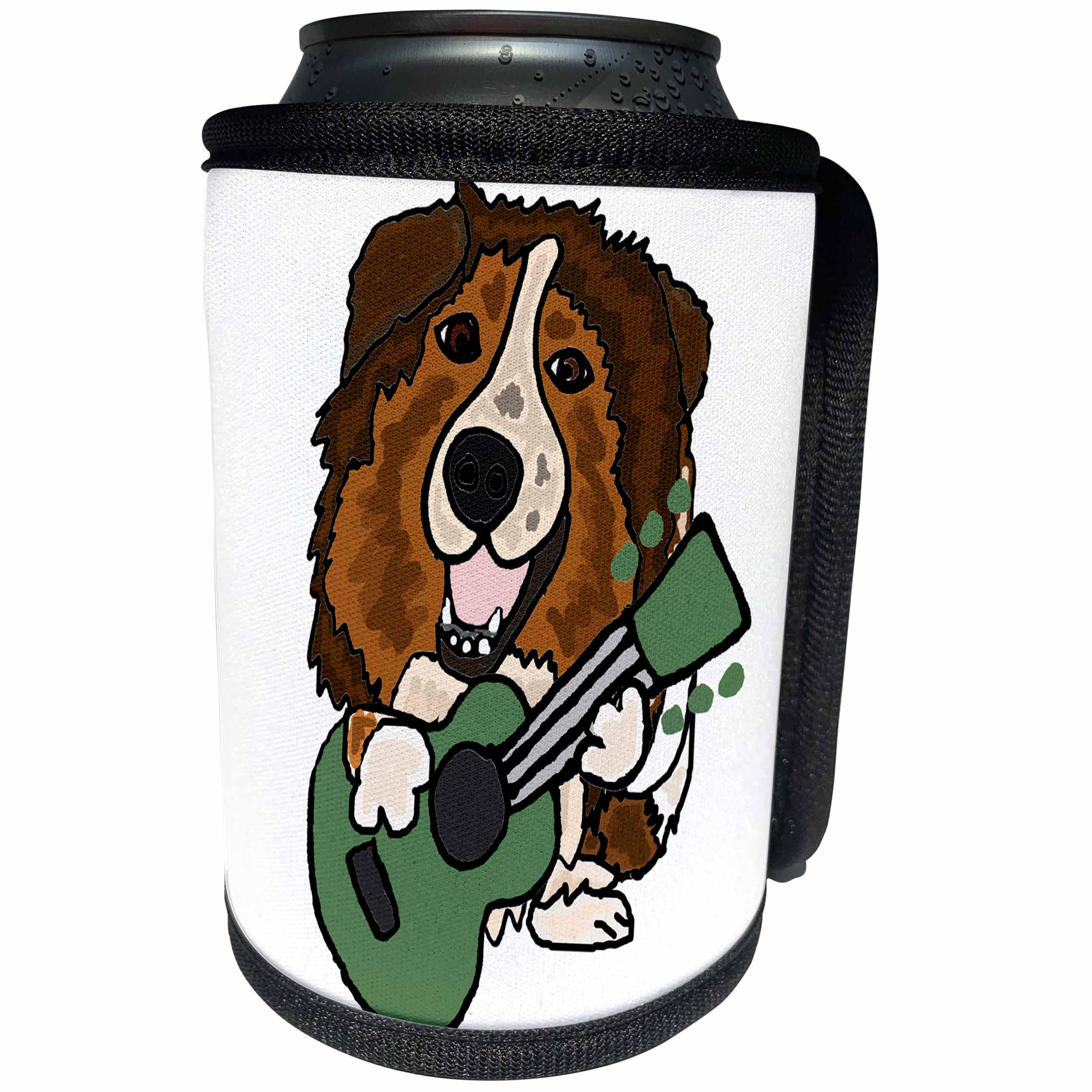 3dRose All Smiles Art Music - Funny Cute Australian Shepherd Dog Playing Guitar - Can Cooler Bottle Wrap (cc_256446)