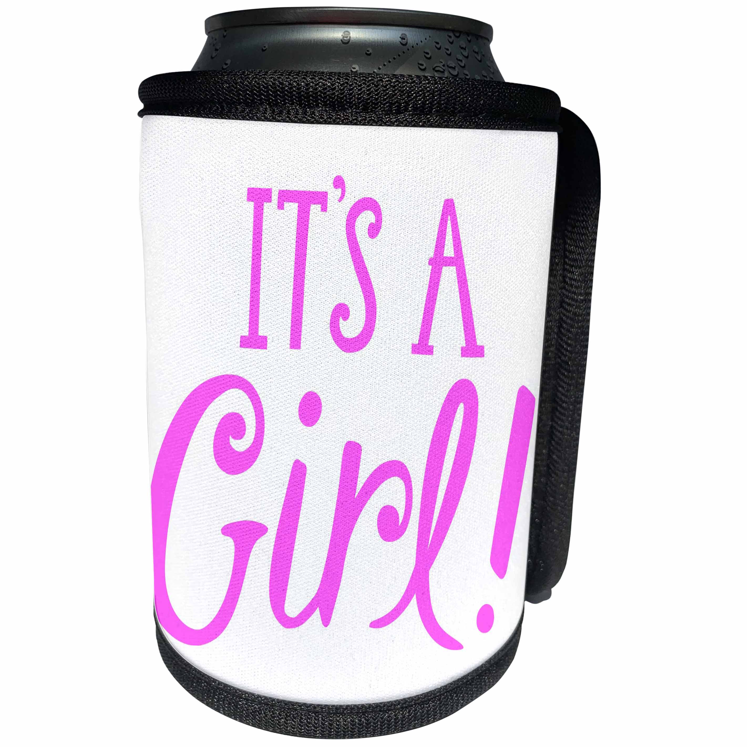 3dRose Xander announcement quotes - Its a girl, pink lettering on a white background - Can Cooler Bottle Wrap (cc_256524)