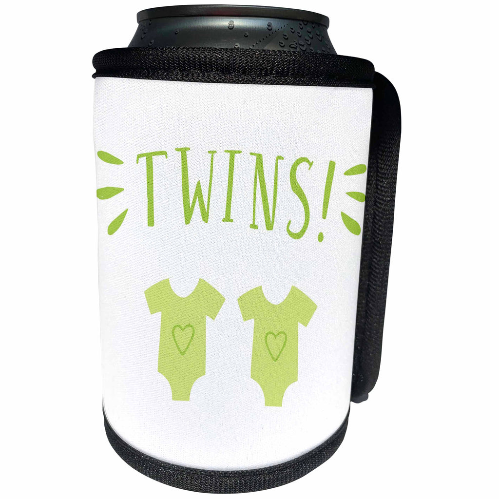 3dRose Xander inspirational quotes - Twins, green lettering with 2 baby outfits on white background - Can Cooler Bottle Wrap (cc_256528)