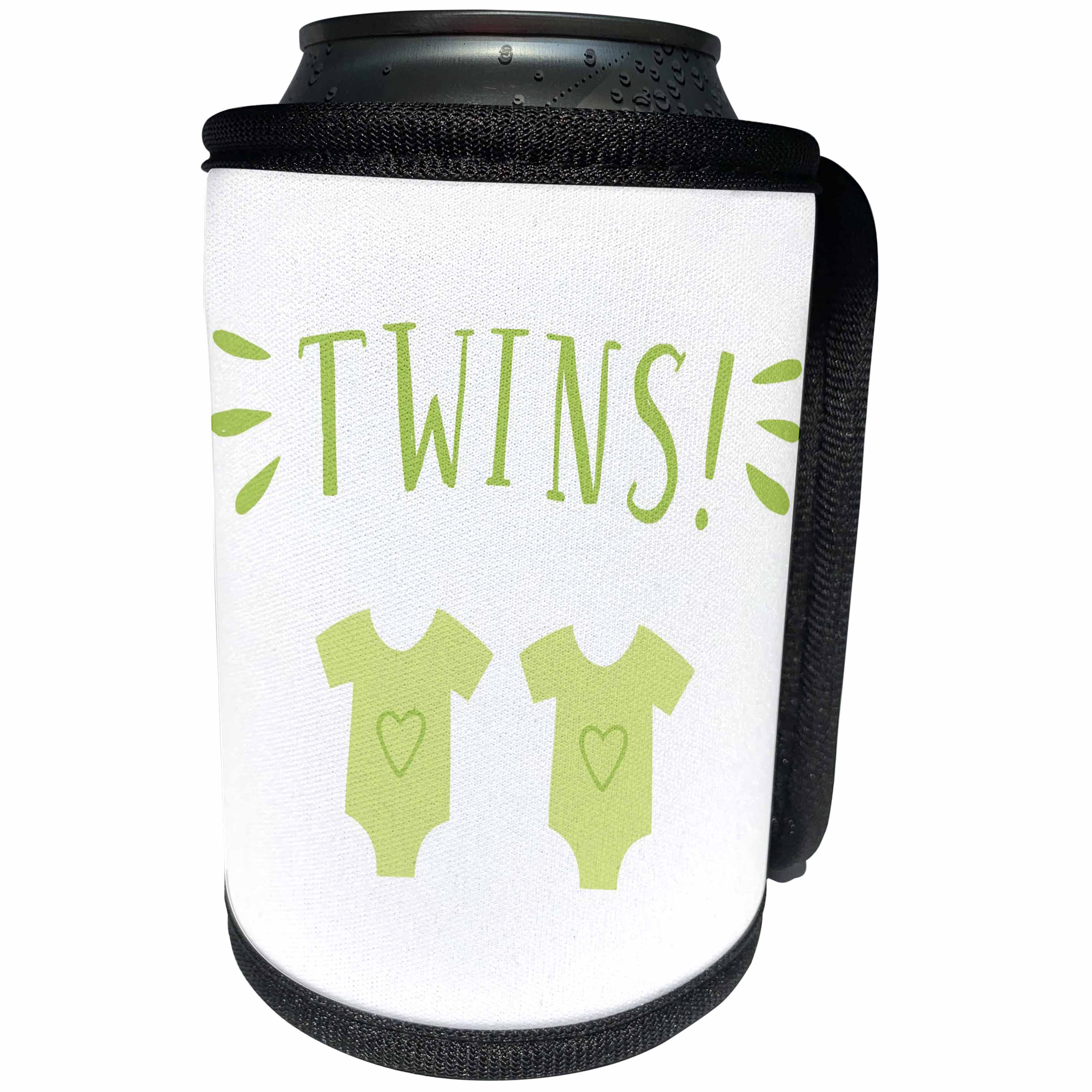 3dRose Xander inspirational quotes - Twins, green lettering with 2 baby outfits on white background - Can Cooler Bottle Wrap (cc_256528)