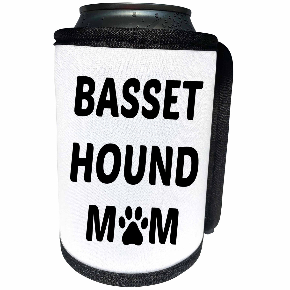 3dRose Xander animal quotes - Basset Hound mom, picture of a dog paw on a white background - Can Cooler Bottle Wrap (cc_256578)