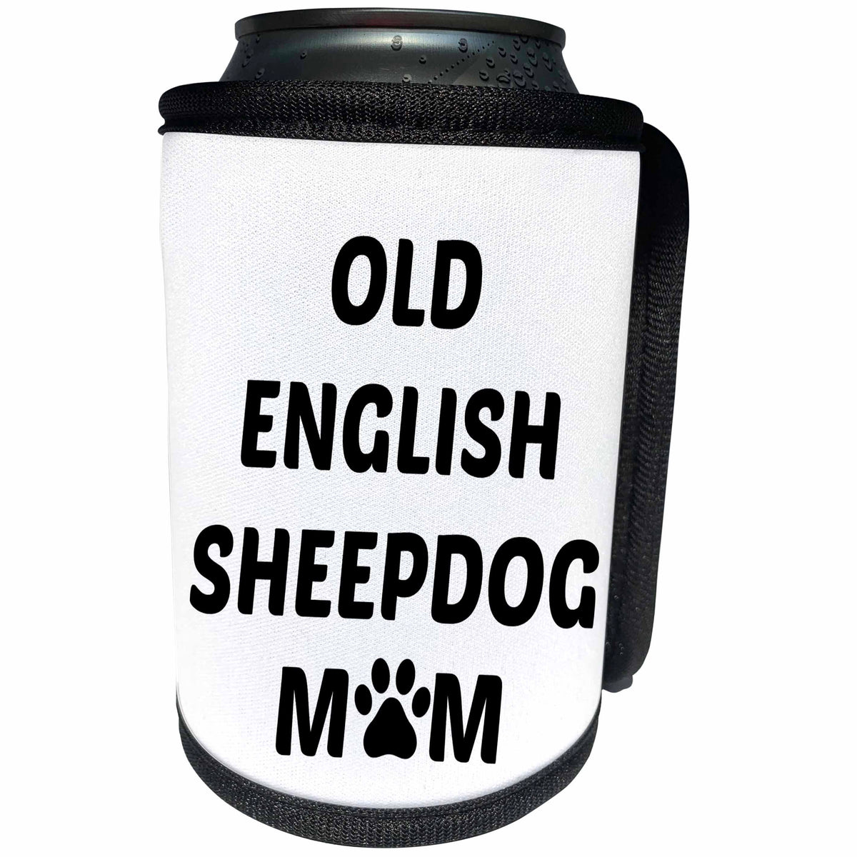 3dRose Xander animal quotes - Old English Sheepdog mom, picture of a paw on a white background - Can Cooler Bottle Wrap (cc_256589)