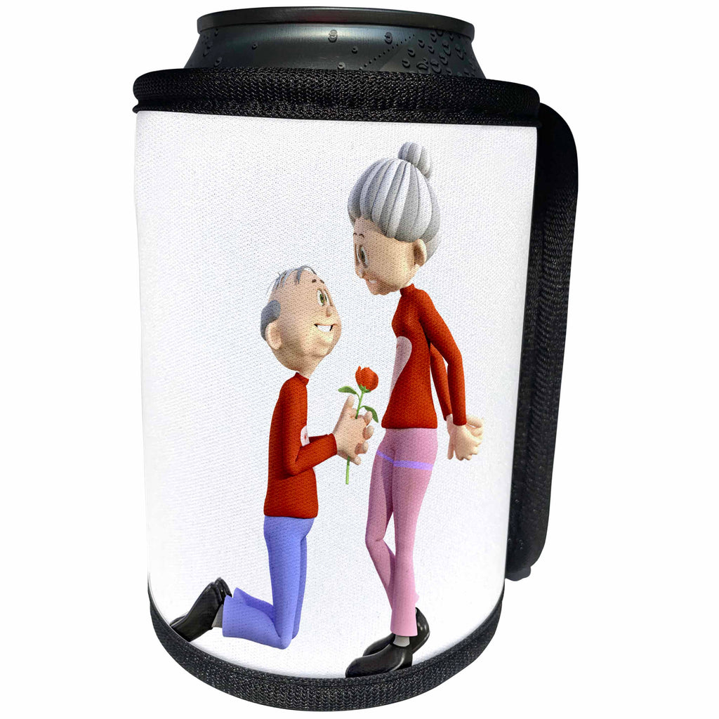 3dRose Boehm Graphics Cartoon - Elderly Cartoon Couple with Male Kneeling with Flower for Female - Can Cooler Bottle Wrap (cc_256686)