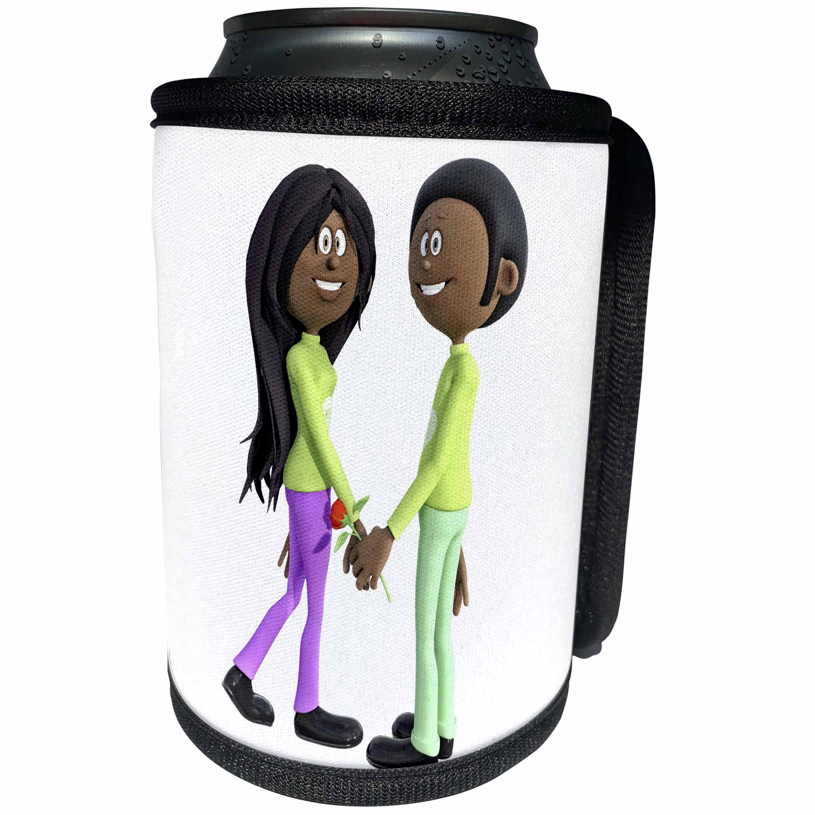 3dRose Boehm Graphics Cartoon - African American Cartoon Standing and Holding Hands - Can Cooler Bottle Wrap (cc_256689)