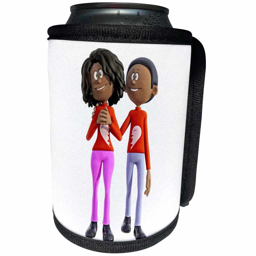 3dRose Can Cooler Bottle Wrap - Boehm Graphics Cartoon - African American Couple Standing with Male Hugging Female