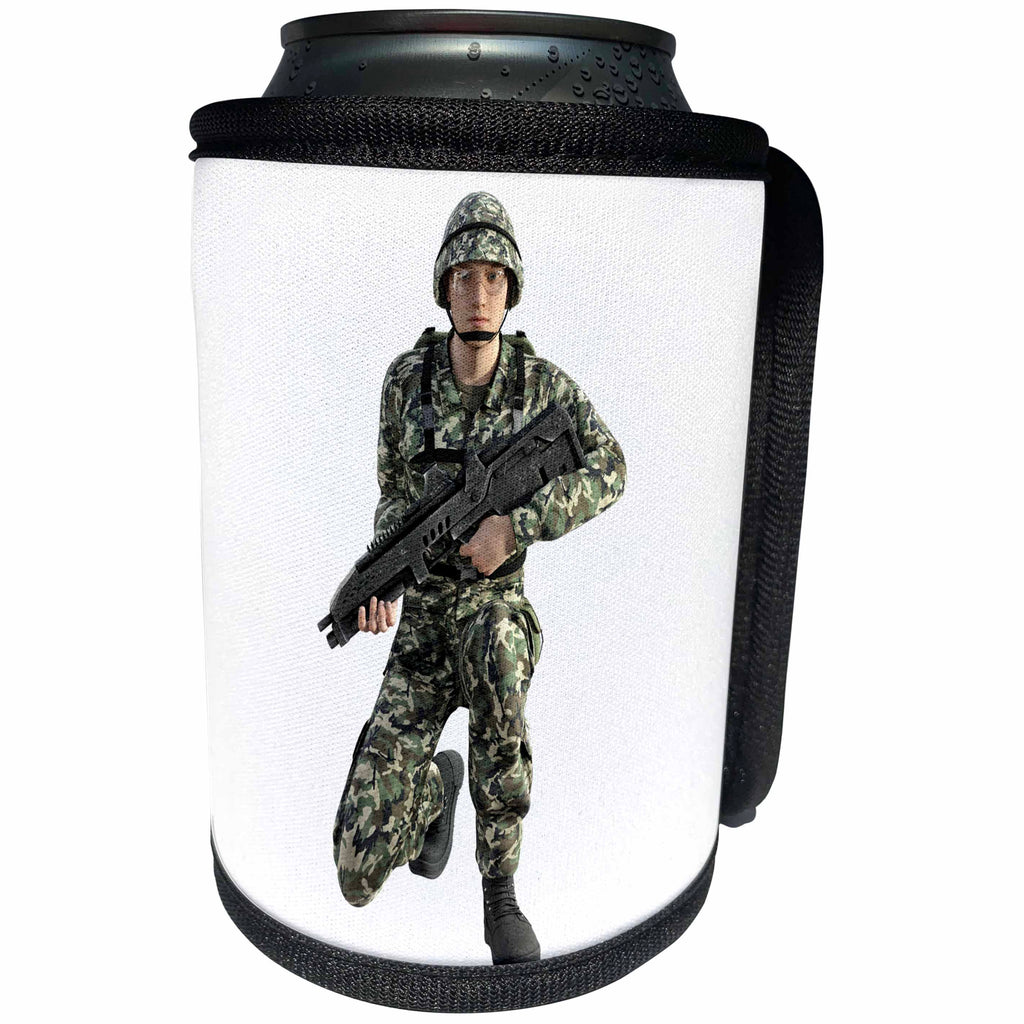 3dRose Boehm Graphics Military - Military Soldier Looking to the Front While Kneeling with Gun - Can Cooler Bottle Wrap (cc_256712)
