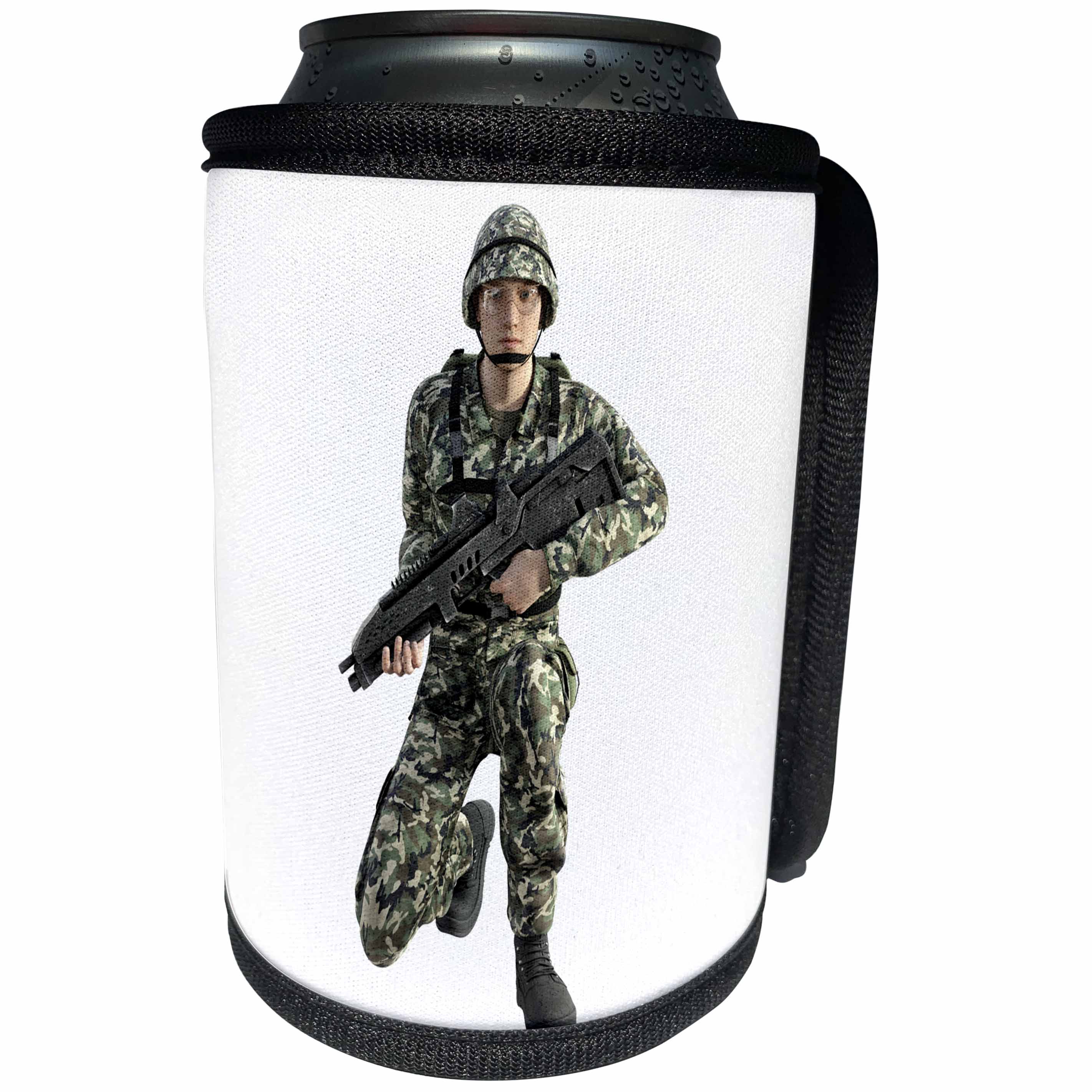 3dRose Boehm Graphics Military - Military Soldier Looking to the Front While Kneeling with Gun - Can Cooler Bottle Wrap (cc_256712)