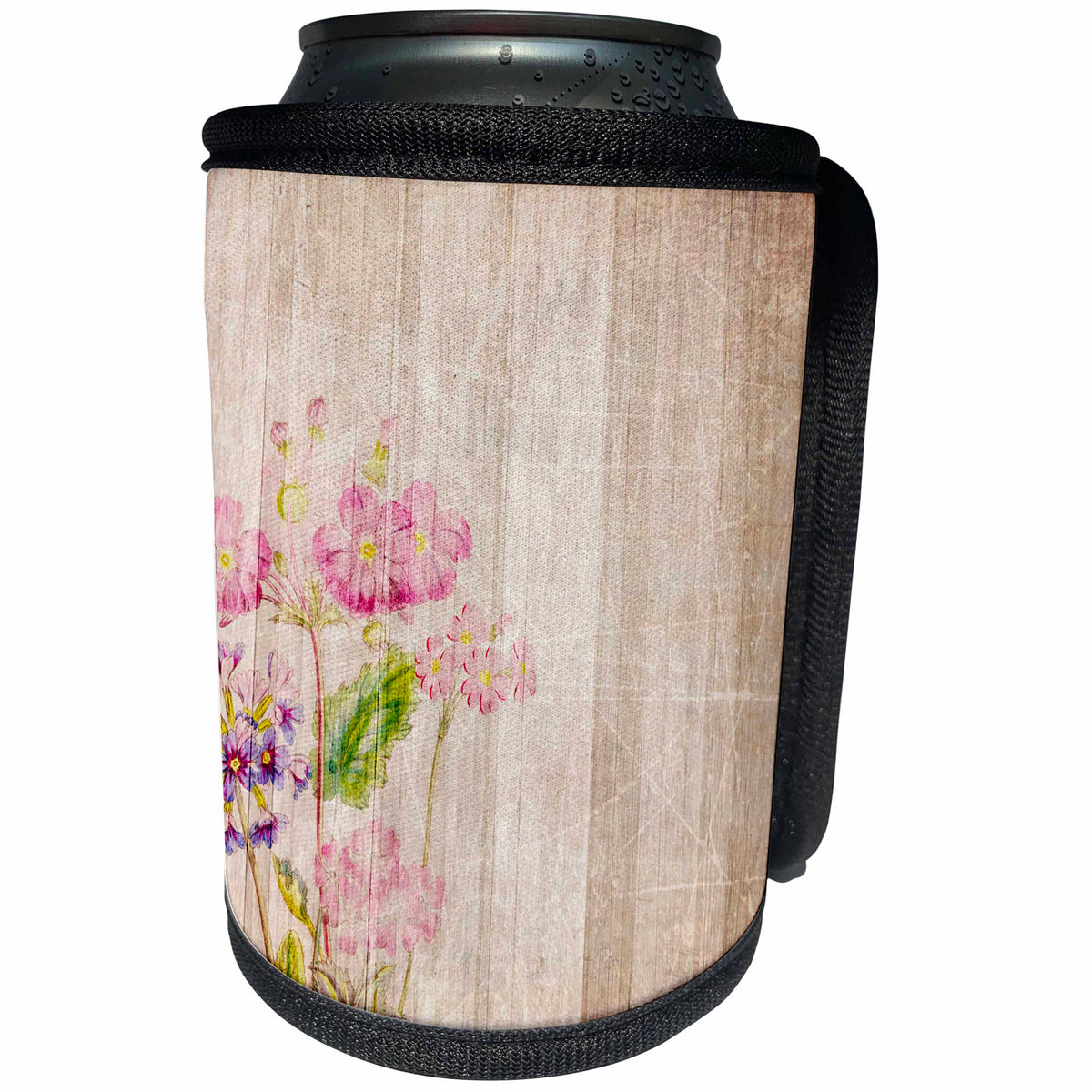 3dRose Sven Herkenrath Flower - Washed out Pink and Purple Flowers on Wood Background - Can Cooler Bottle Wrap (cc_256739)