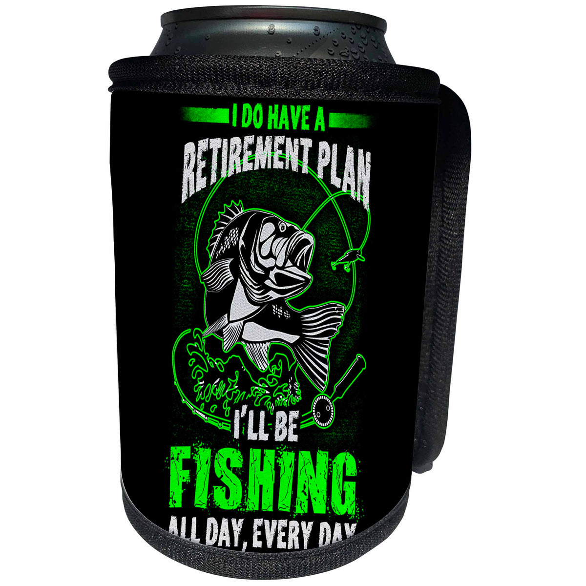 3dRose Sven Herkenrath Sport - Fishing All Day Every Day Quote Fish on Green and Black Background - Can Cooler Bottle Wrap (cc_256741)