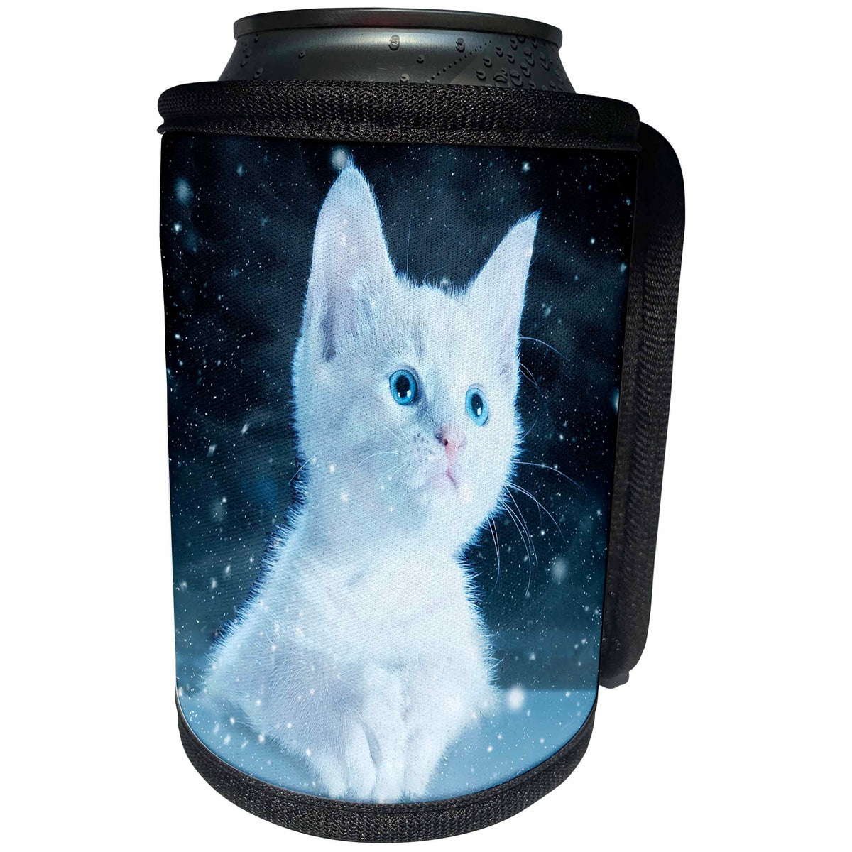 3dRose Sven Herkenrath Animal - Lovely White Cat on Snowy Background - Can Cooler Bottle Wrap (cc_256755)