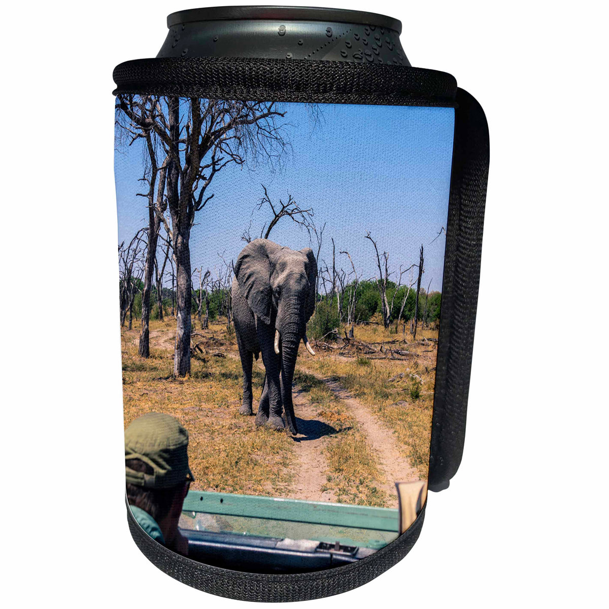 3dRose Danita Delimont - Elephants - Botswana. Khwai concession. Bull elephant near safari vehicle. - Can Cooler Bottle Wrap (cc_256840)