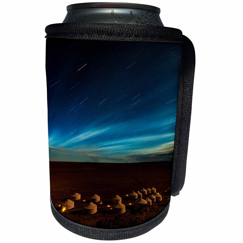 3dRose Danita Delimont - Stars - Star trails and Moonlight camp tents. Gobi Desert. Mongolia. - Can Cooler Bottle Wrap (cc_257223)