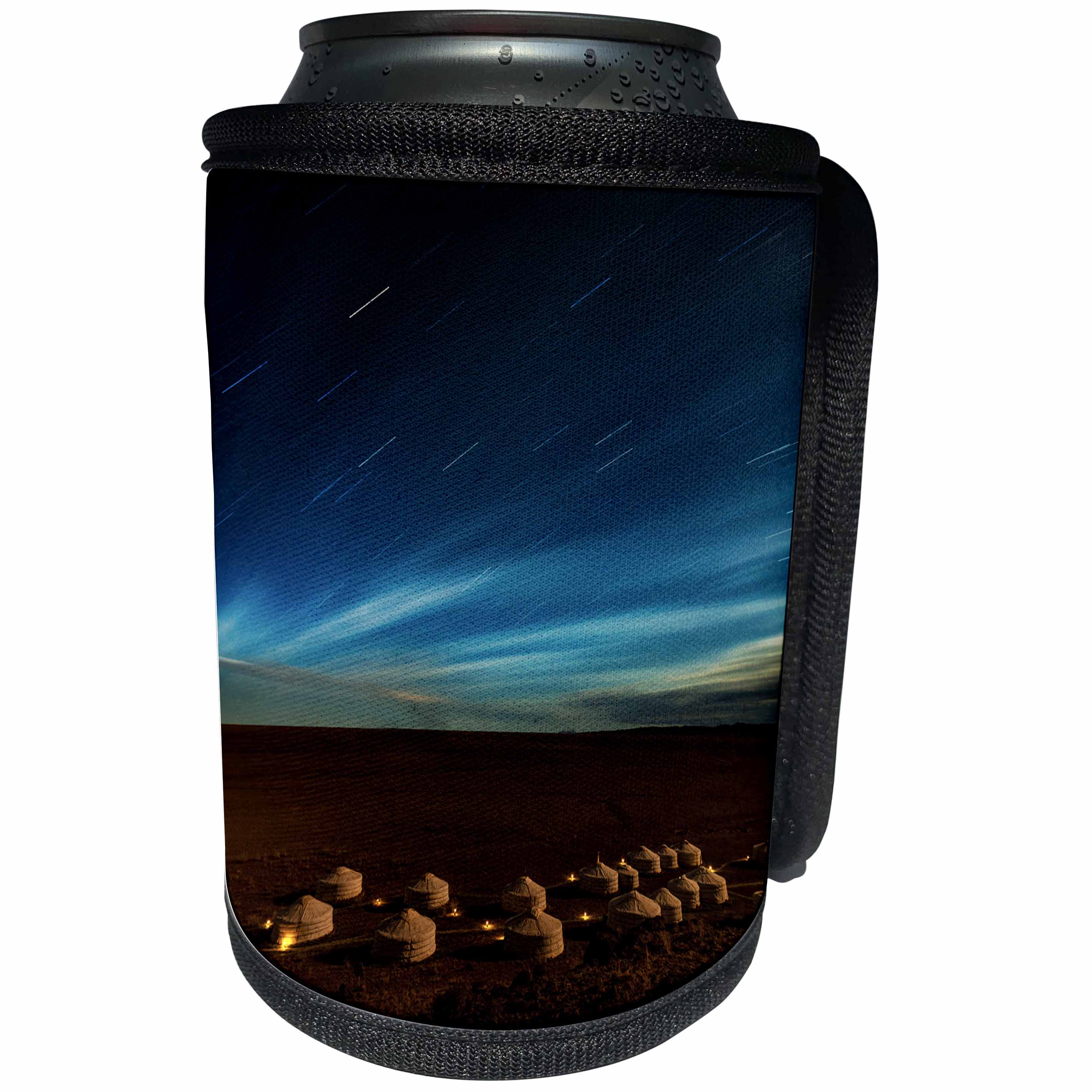 3dRose Danita Delimont - Stars - Star trails and Moonlight camp tents. Gobi Desert. Mongolia. - Can Cooler Bottle Wrap (cc_257223)