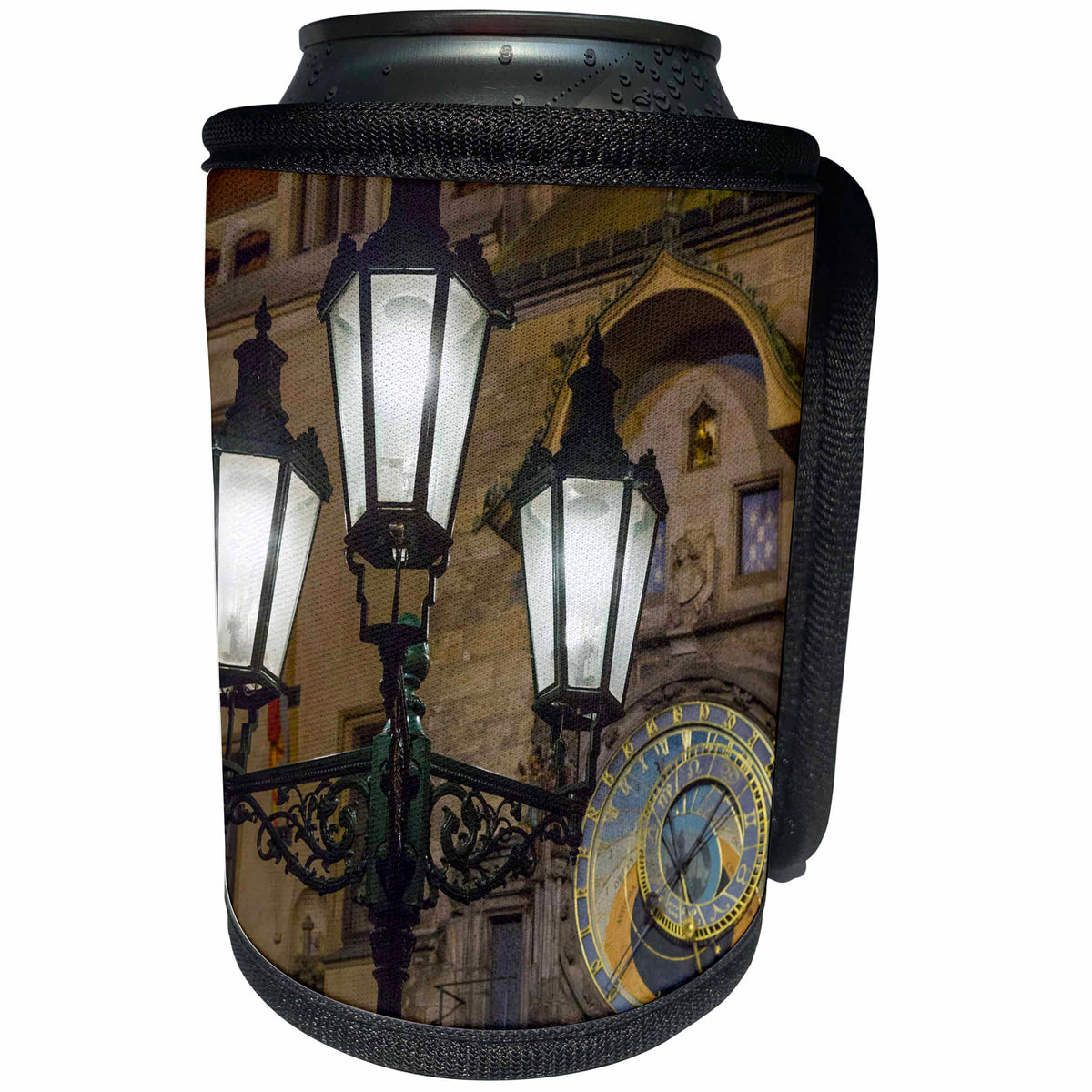 3dRose Danita Delimont - Lamps - Czech Republic, Prague. Street lamp and Astronomical Clock at night. - Can Cooler Bottle Wrap (cc_257567)