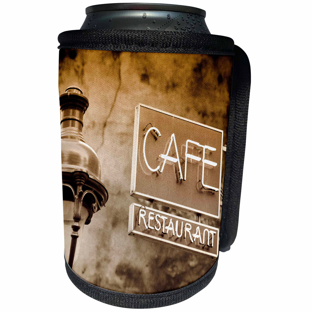 3dRose Danita Delimont - France - Cafe sign and lamp post, Paris, France - Can Cooler Bottle Wrap (cc_257632)