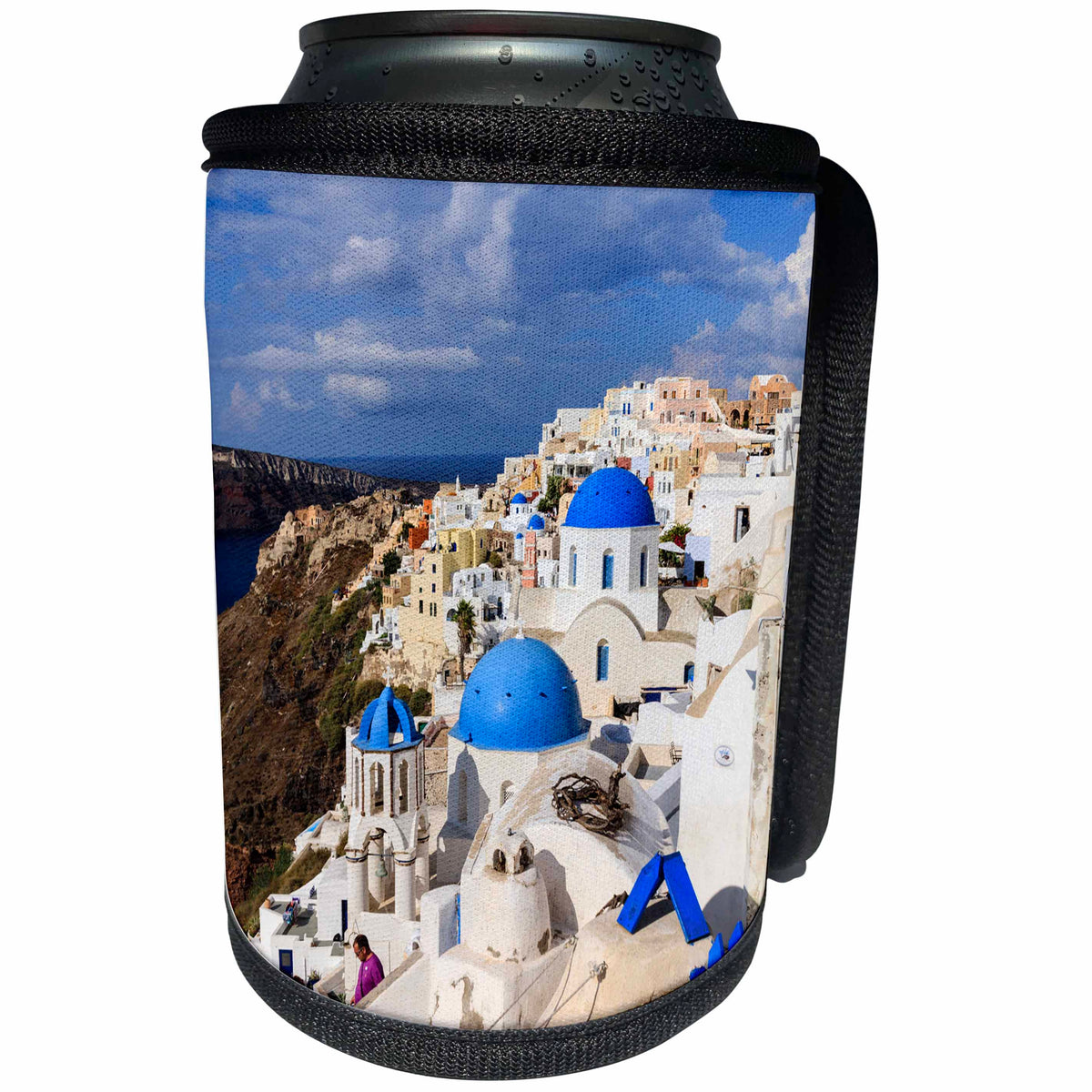 3dRose Cityscape of blue roofs churches and houses. Santorini - Can Cooler Bottle Wrap (cc_257654)