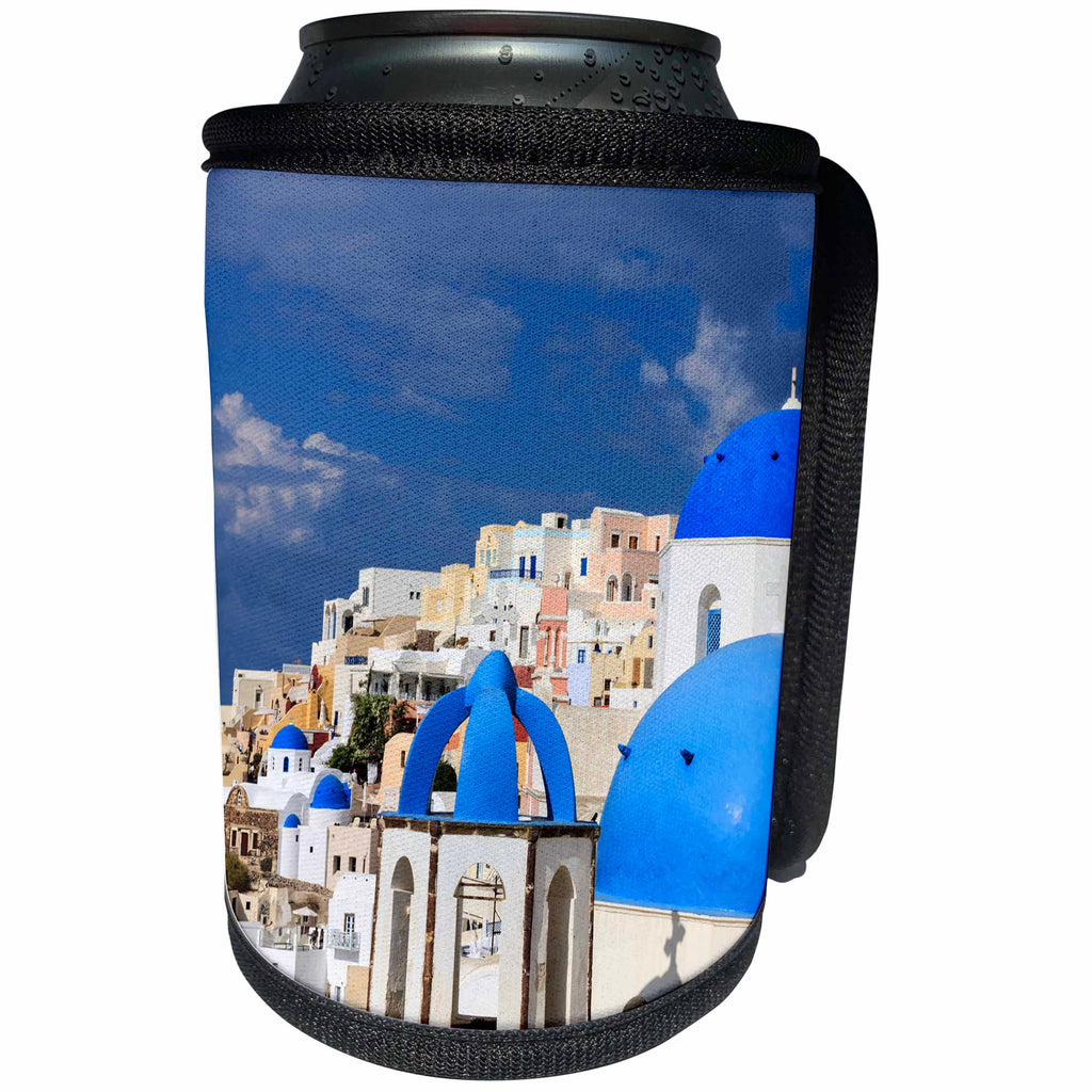 3dRose Danita Delimont - Cities - Blue Roofed Churches in the city. Santorini. Greece. - Can Cooler Bottle Wrap (cc_257655)