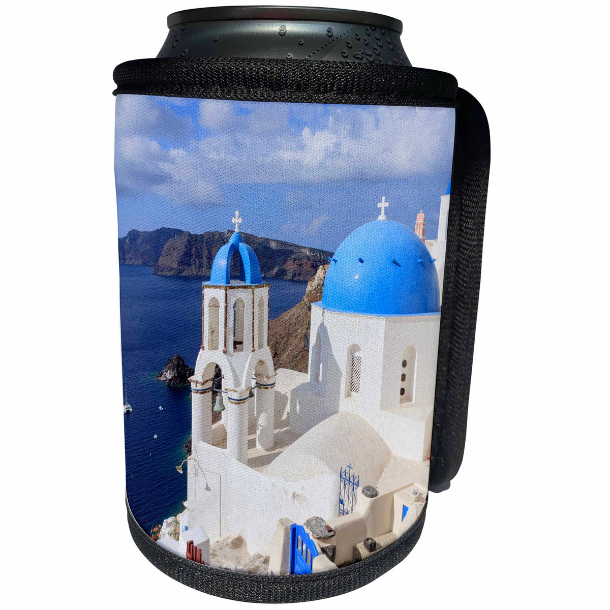 3dRose Danita Delimont - cities - Traditional Blue Roofed Churches and homes, Santorini. Greece. - Can Cooler Bottle Wrap (cc_257656)