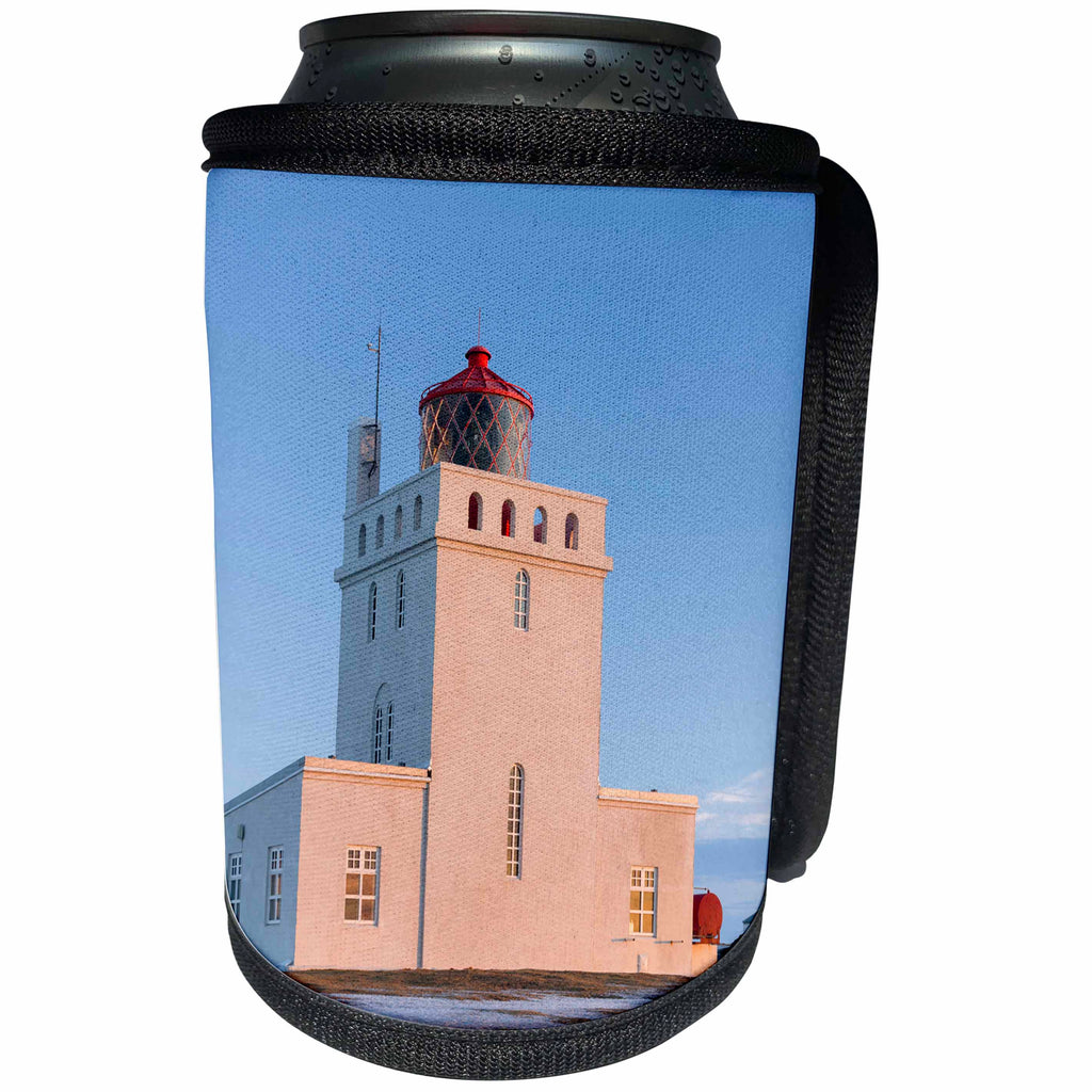 3dRose Danita Delimont - Lighthouses - The lighthouse at cape Dyrholaey in winter, near Vik y Myrdal. Iceland - Can Cooler Bottle Wrap (cc_257692)
