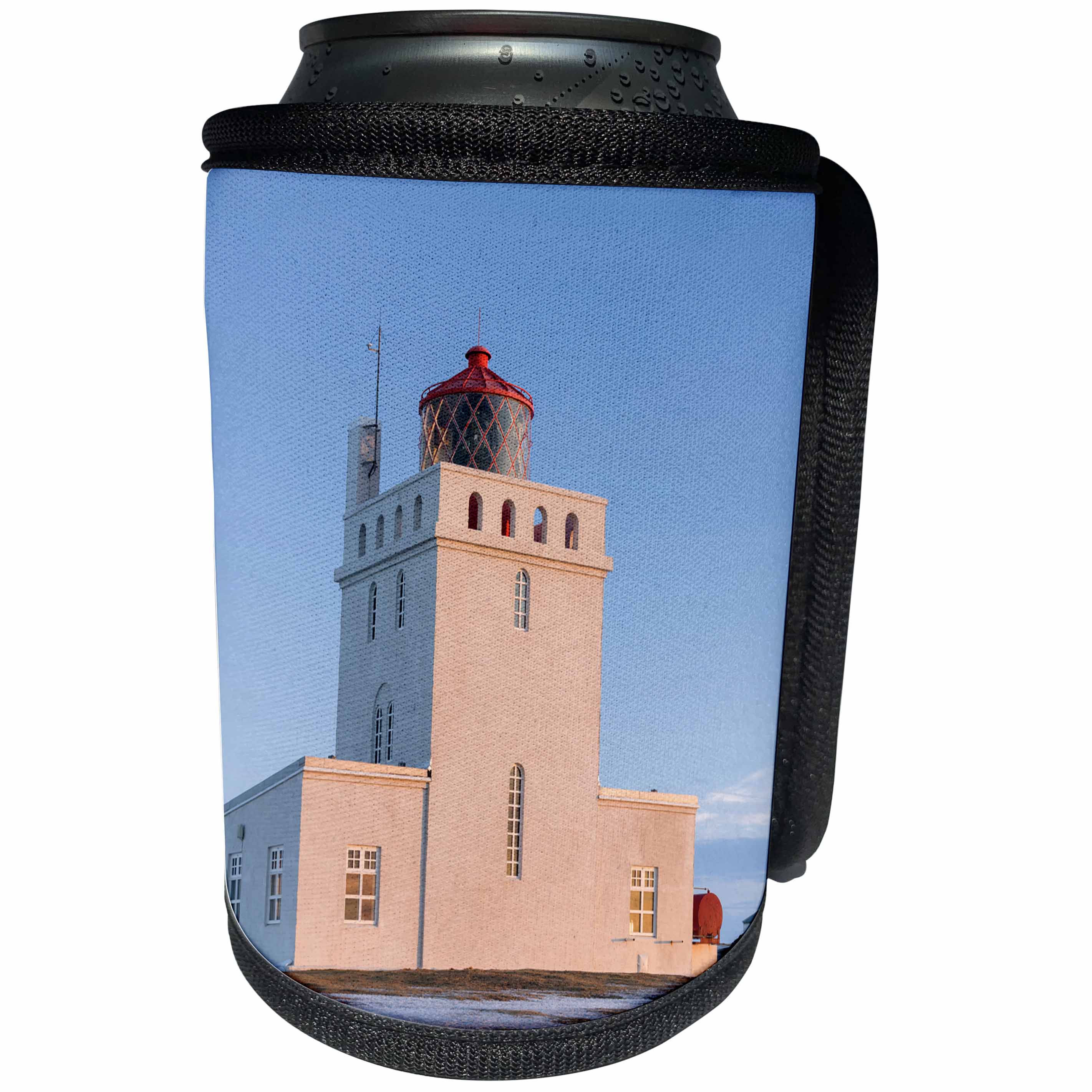 3dRose Danita Delimont - Lighthouses - The lighthouse at cape Dyrholaey in winter, near Vik y Myrdal. Iceland - Can Cooler Bottle Wrap (cc_257692)