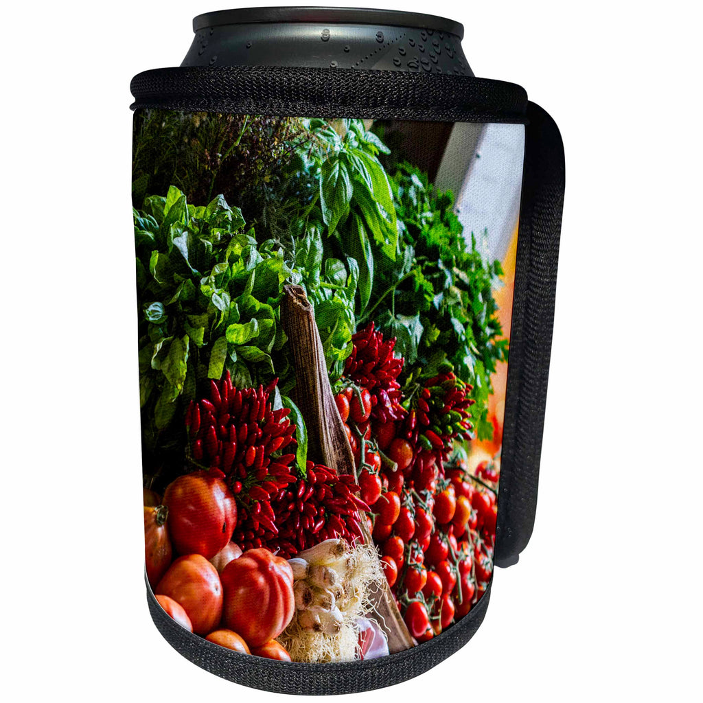 3dRose Danita Delimont - Food - Venice, Italy. Bundle of Herbs, Picante Peppers, onions, and tomatoes - Can Cooler Bottle Wrap (cc_257719)