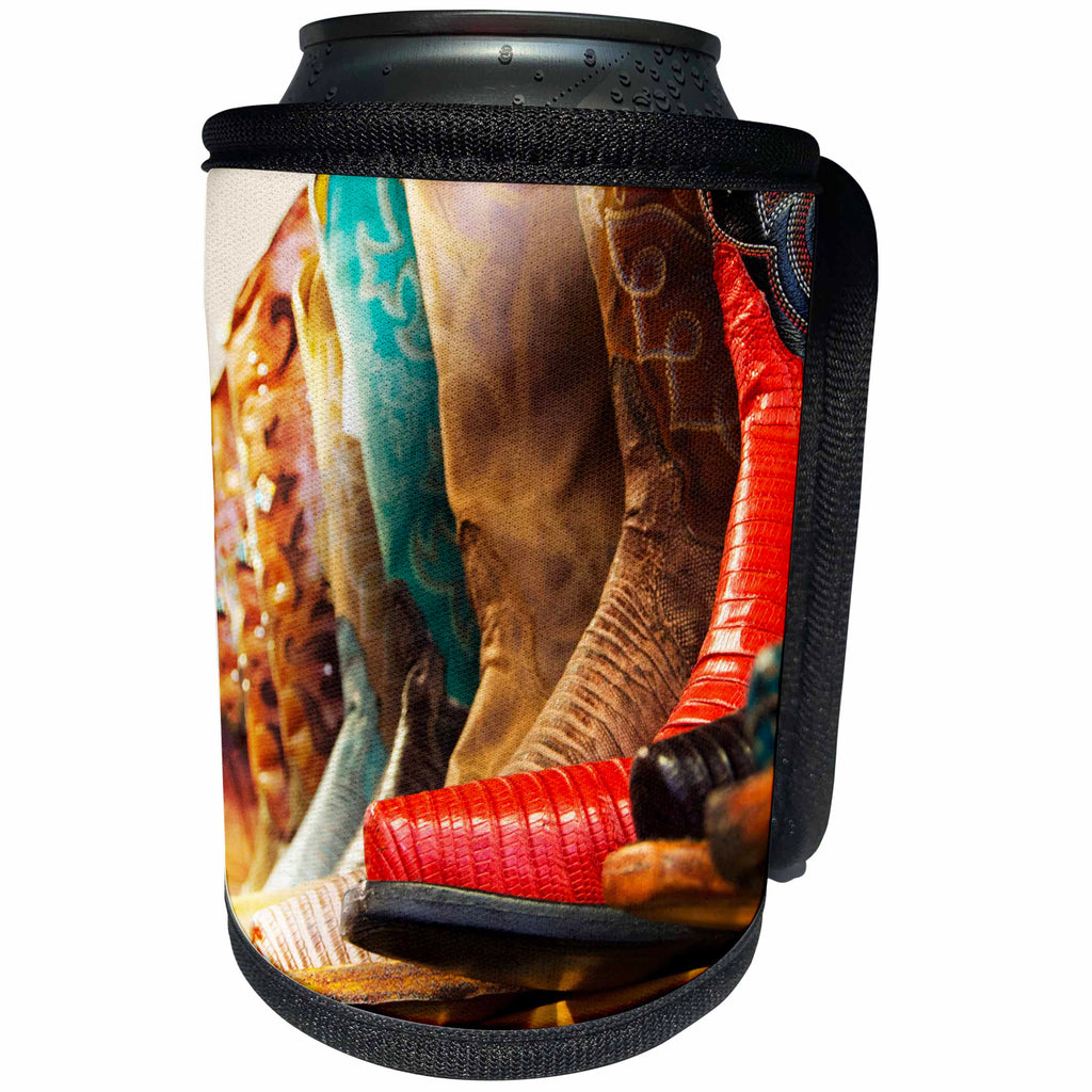 3dRose Danita Delimont - Markets - USA, Arizona, Old Scotsdale, Line up of new cowboy boots - Can Cooler Bottle Wrap (cc_258755)