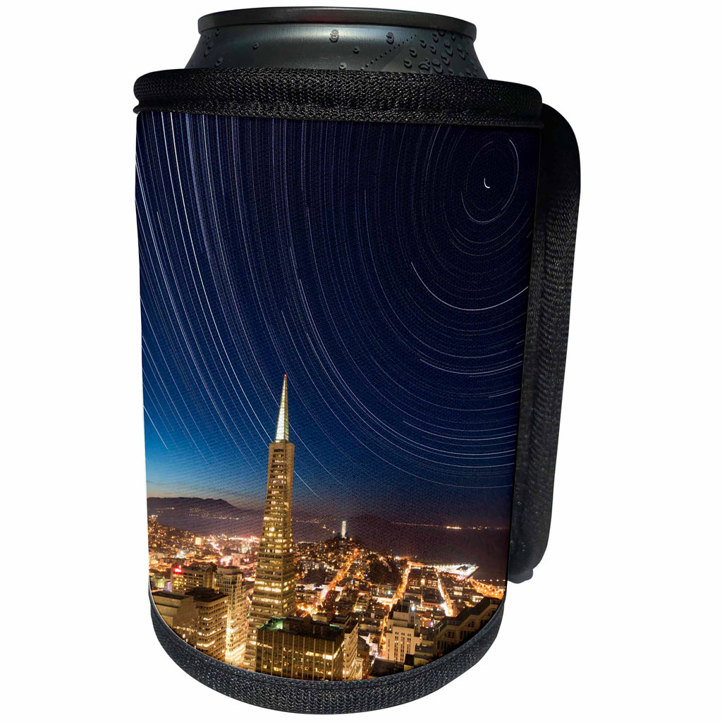 3dRose Danita Delimont - Cities - California, San Francisco. Star trails above Transamerica Building. - Can Cooler Bottle Wrap (cc_258825)