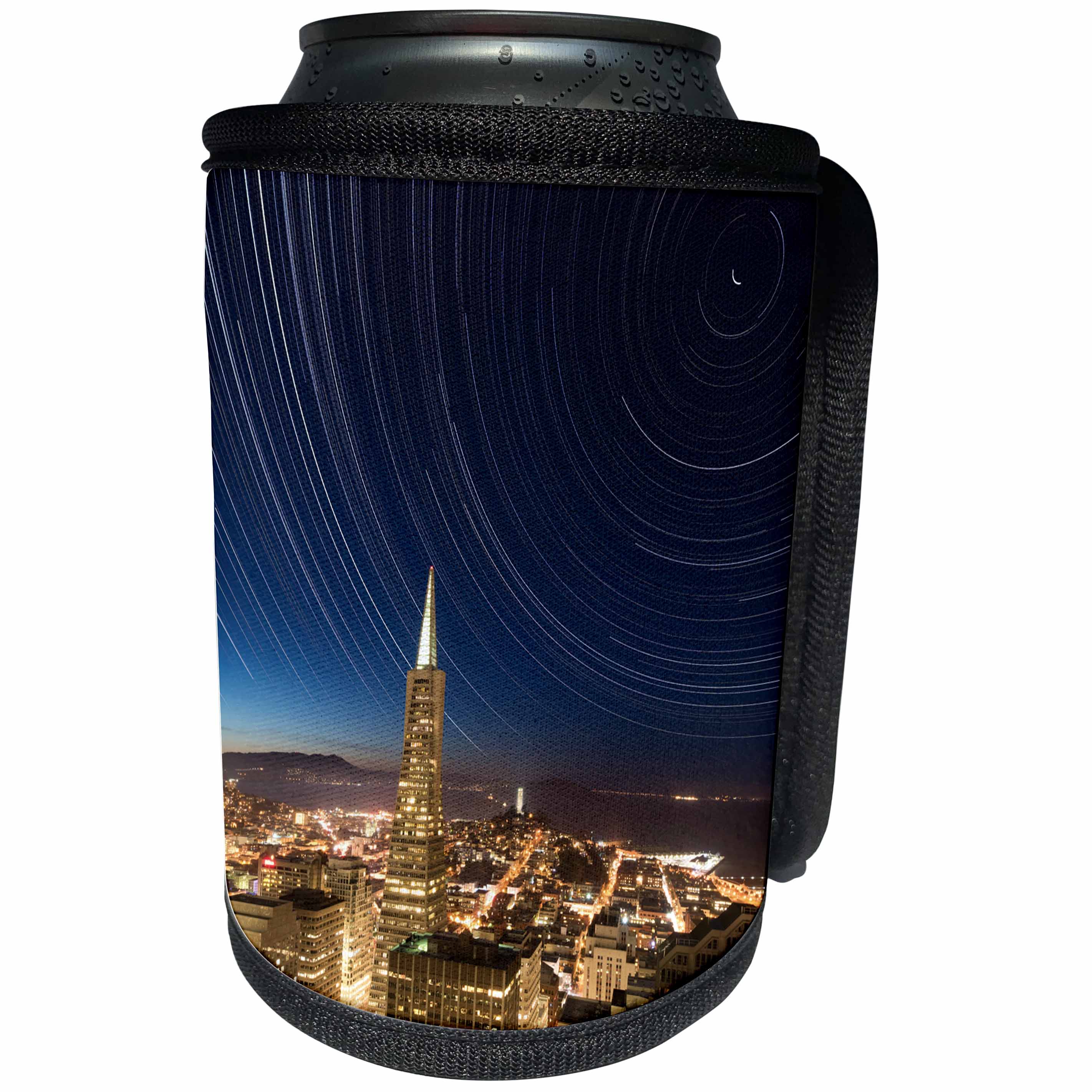 3dRose Danita Delimont - Cities - California, San Francisco. Star trails above Transamerica Building. - Can Cooler Bottle Wrap (cc_258825)