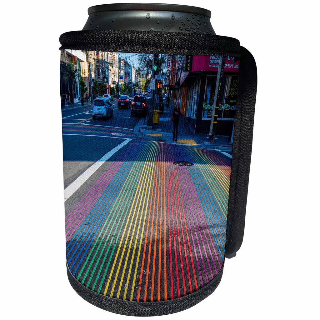3dRose Danita Delimont - Cities - Rainbow street crossing, Castro District, San Francisco, California - Can Cooler Bottle Wrap (cc_258854)