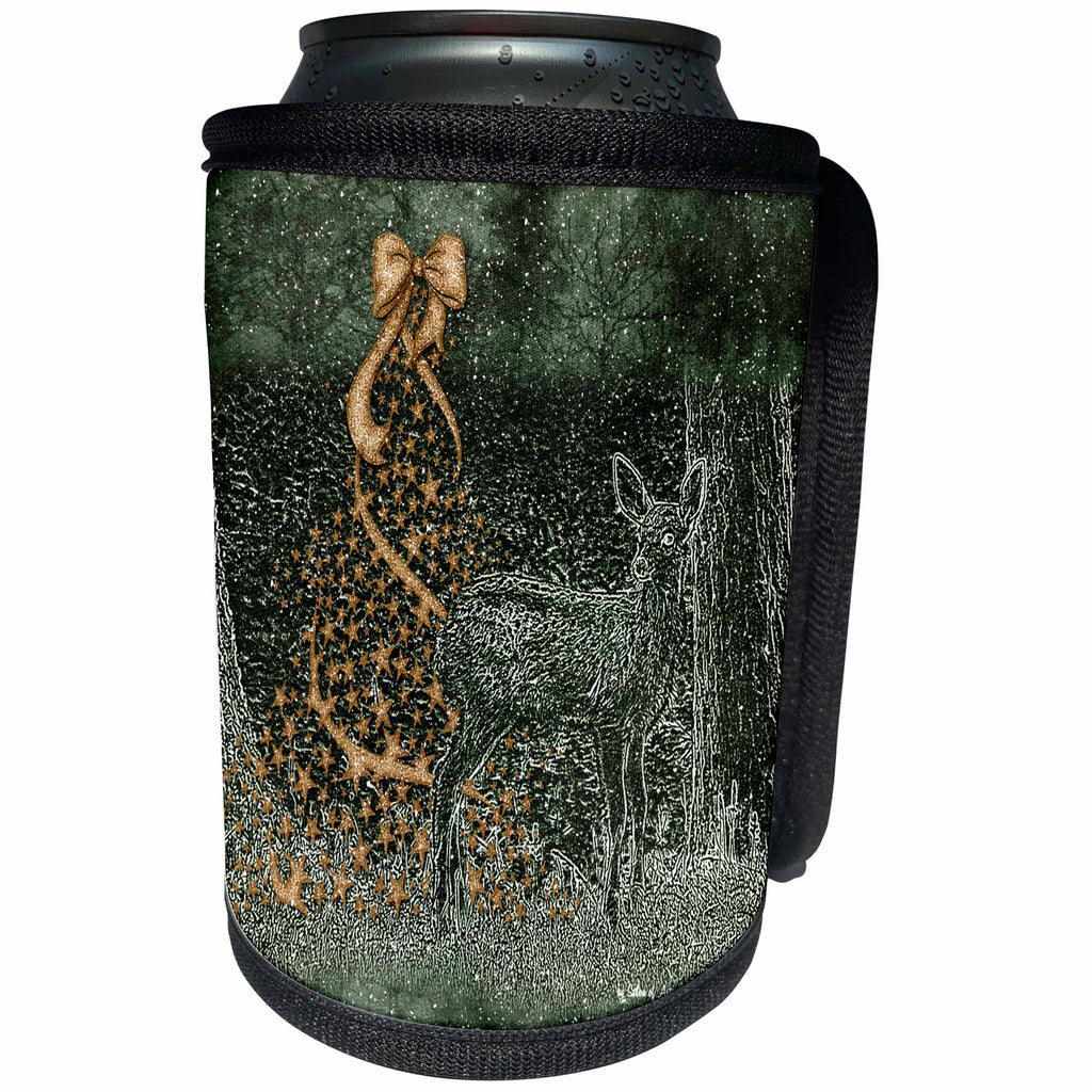 3dRose Doreen Erhardt Christmas Collection - Etched Deer with Christmas Tree in Green and Gold - Can Cooler Bottle Wrap (cc_25887)