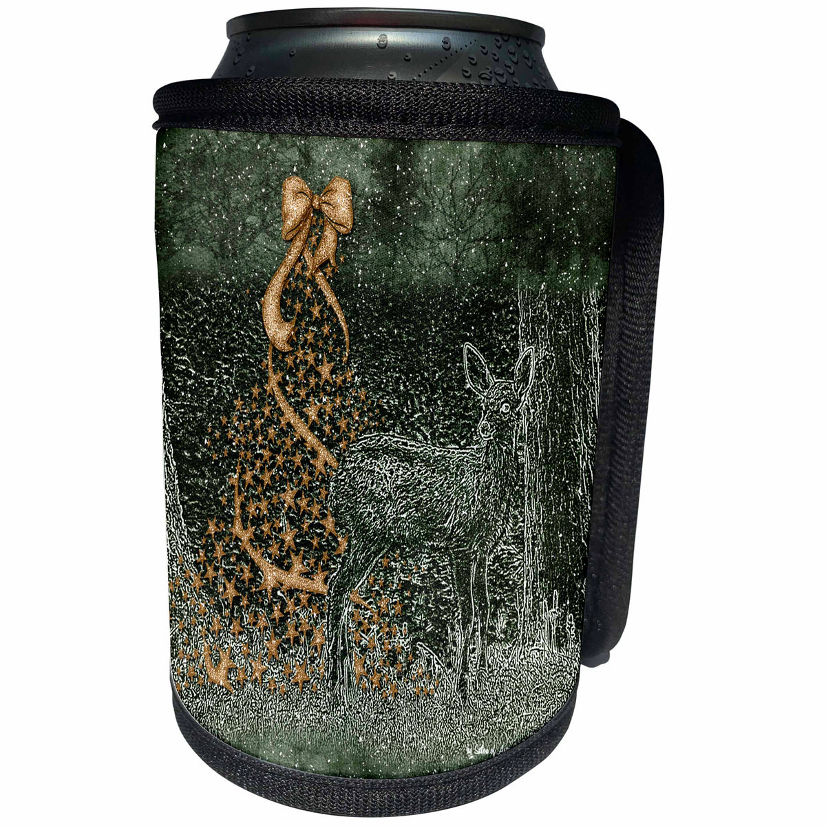 3dRose Doreen Erhardt Christmas Collection - Etched Deer with Christmas Tree in Green and Gold - Can Cooler Bottle Wrap (cc_25887)