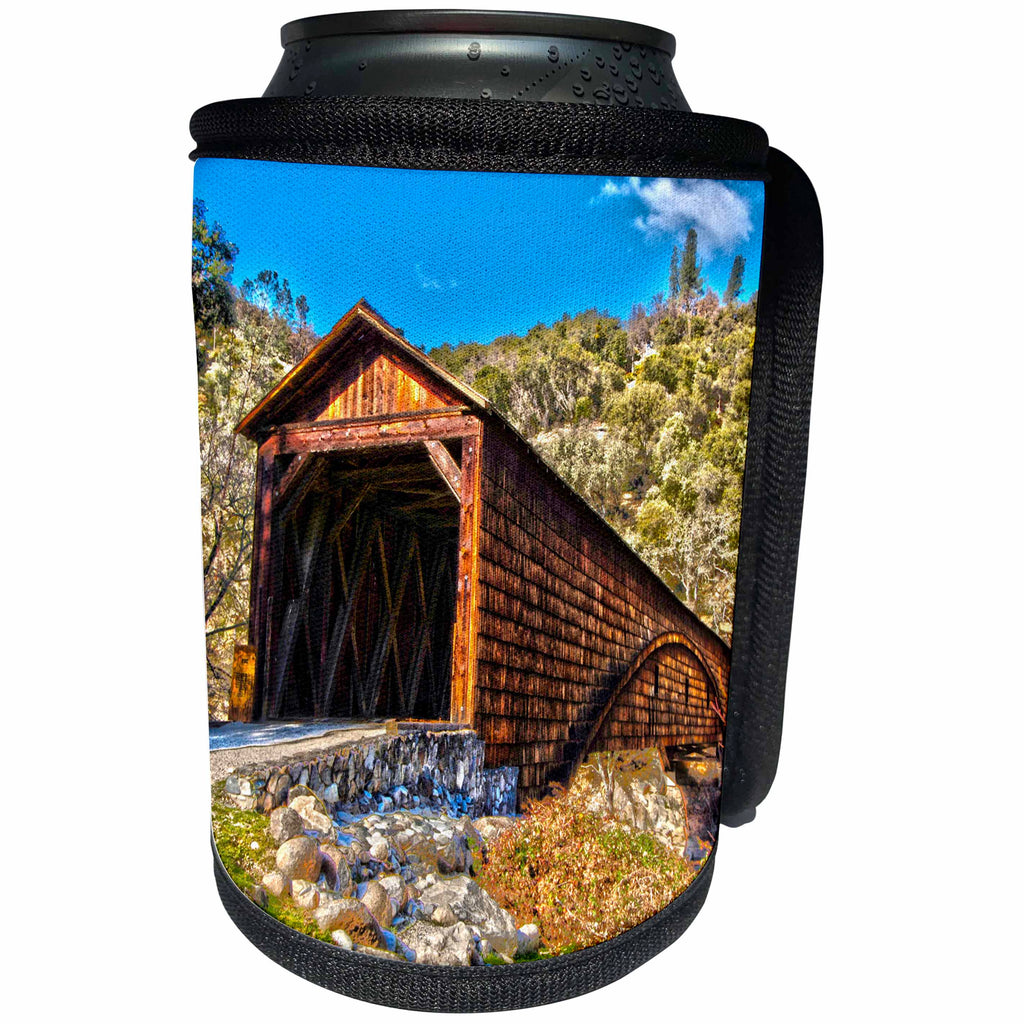 3dRose Danita Delimont - Bridges - Bridgeport covered bridge over the Yuba River, Penn Valley, California - Can Cooler Bottle Wrap (cc_258876)