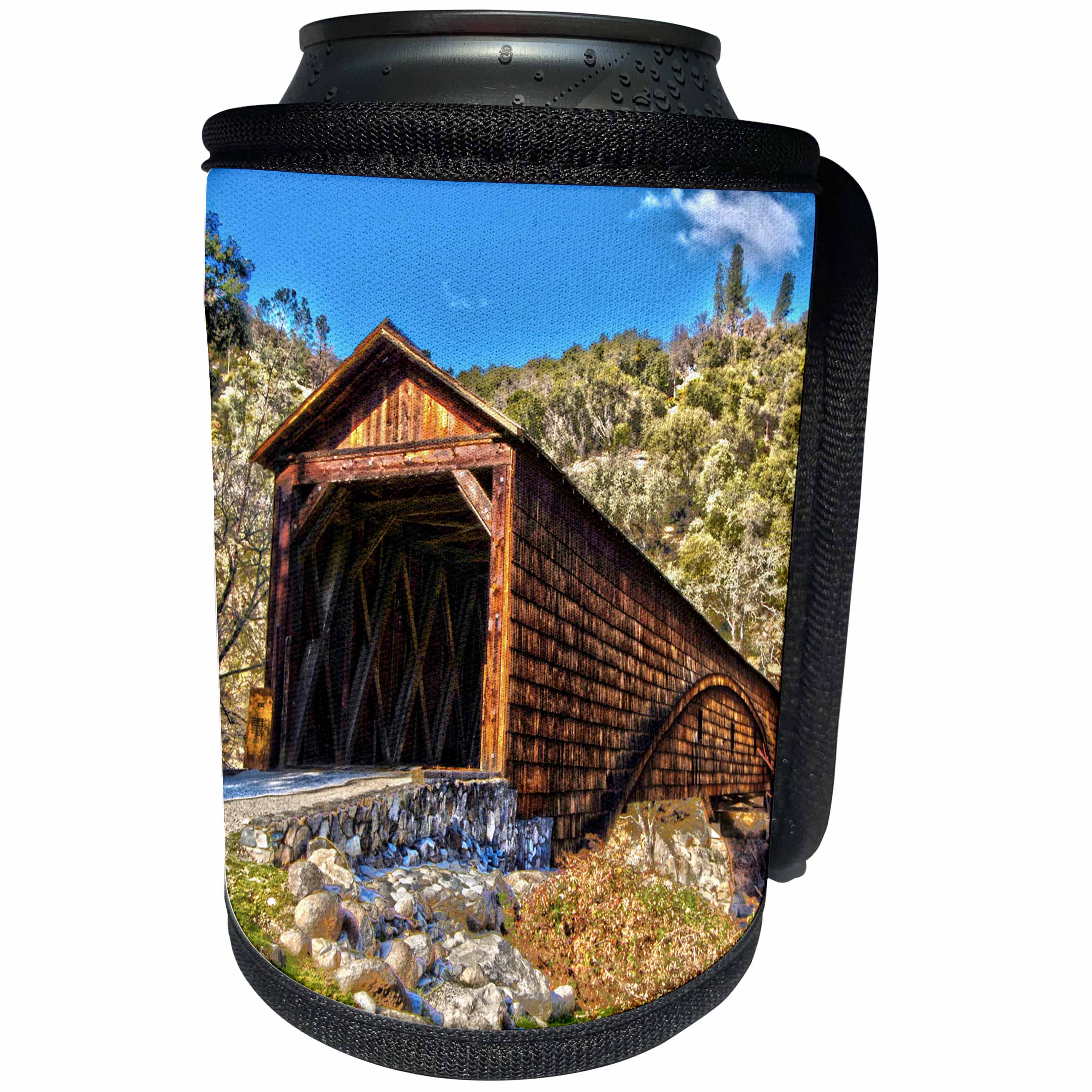 3dRose Danita Delimont - Bridges - Bridgeport covered bridge over the Yuba River, Penn Valley, California - Can Cooler Bottle Wrap (cc_258876)