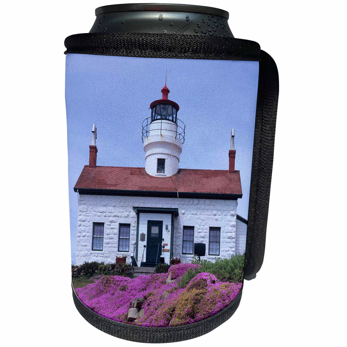 3dRose Danita Delimont - Lighthouses - CA, Crescent City, Battery Point Lighthouse with Flowering Ice Plants. - Can Cooler Bottle Wrap (cc_258891)